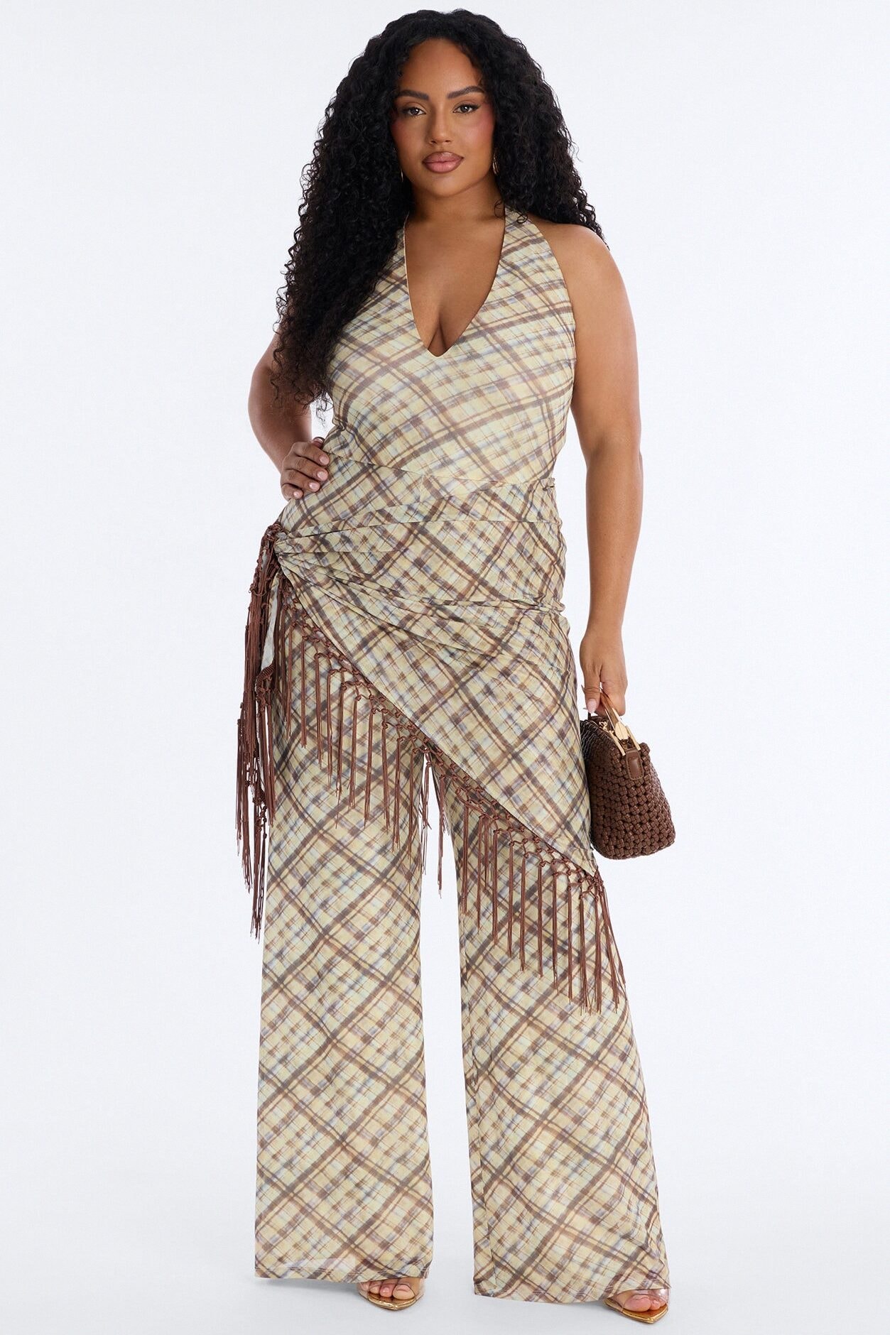 Ava Mesh Plaid Waist Scarf Jumpsuit - Brown image 1