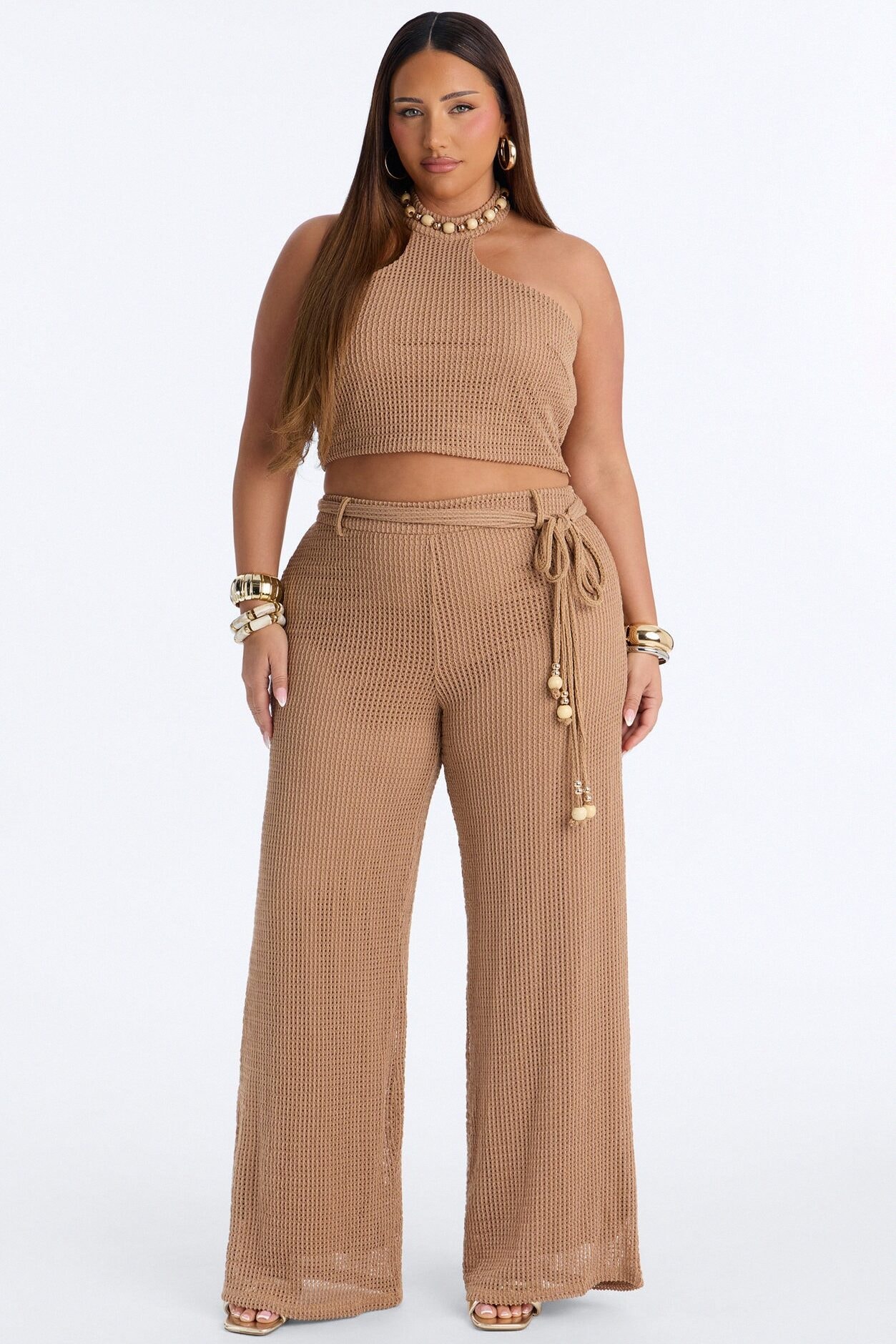 Shoreline Chic Beaded Halter Crochet Pant Set - Camel image 1