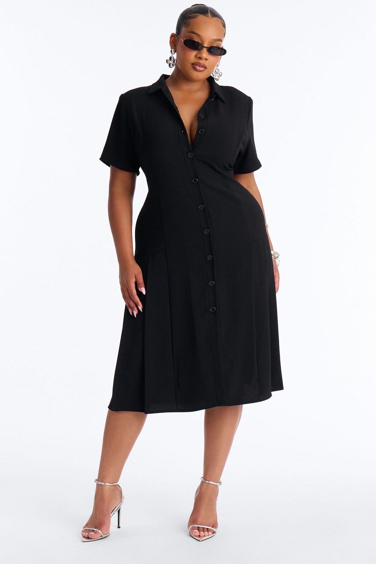 Delaney Button Up Pleated Midi Dress - Black image 1