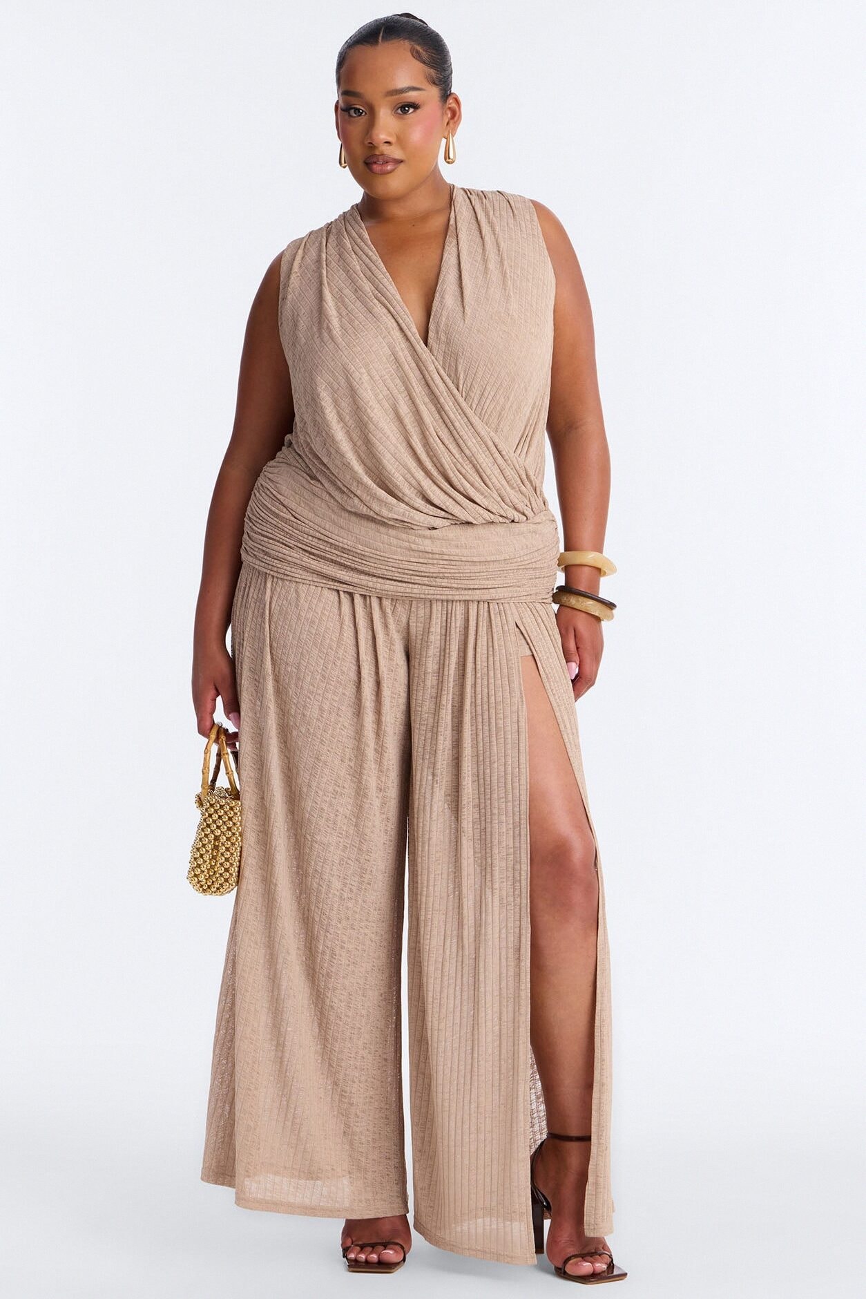 Romy Beaded Wide Leg Slit Jumpsuit - Taupe image 1