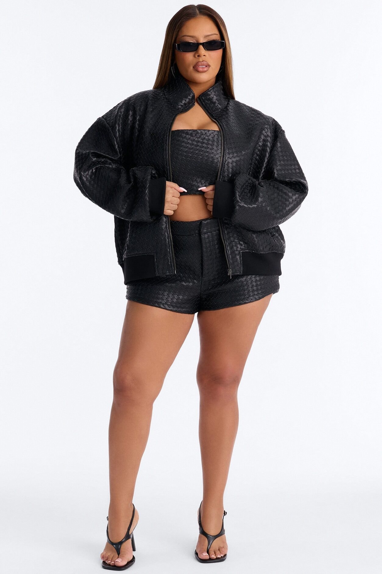 Vivian Woven Faux Leather Bomber Jacket - Black image 1