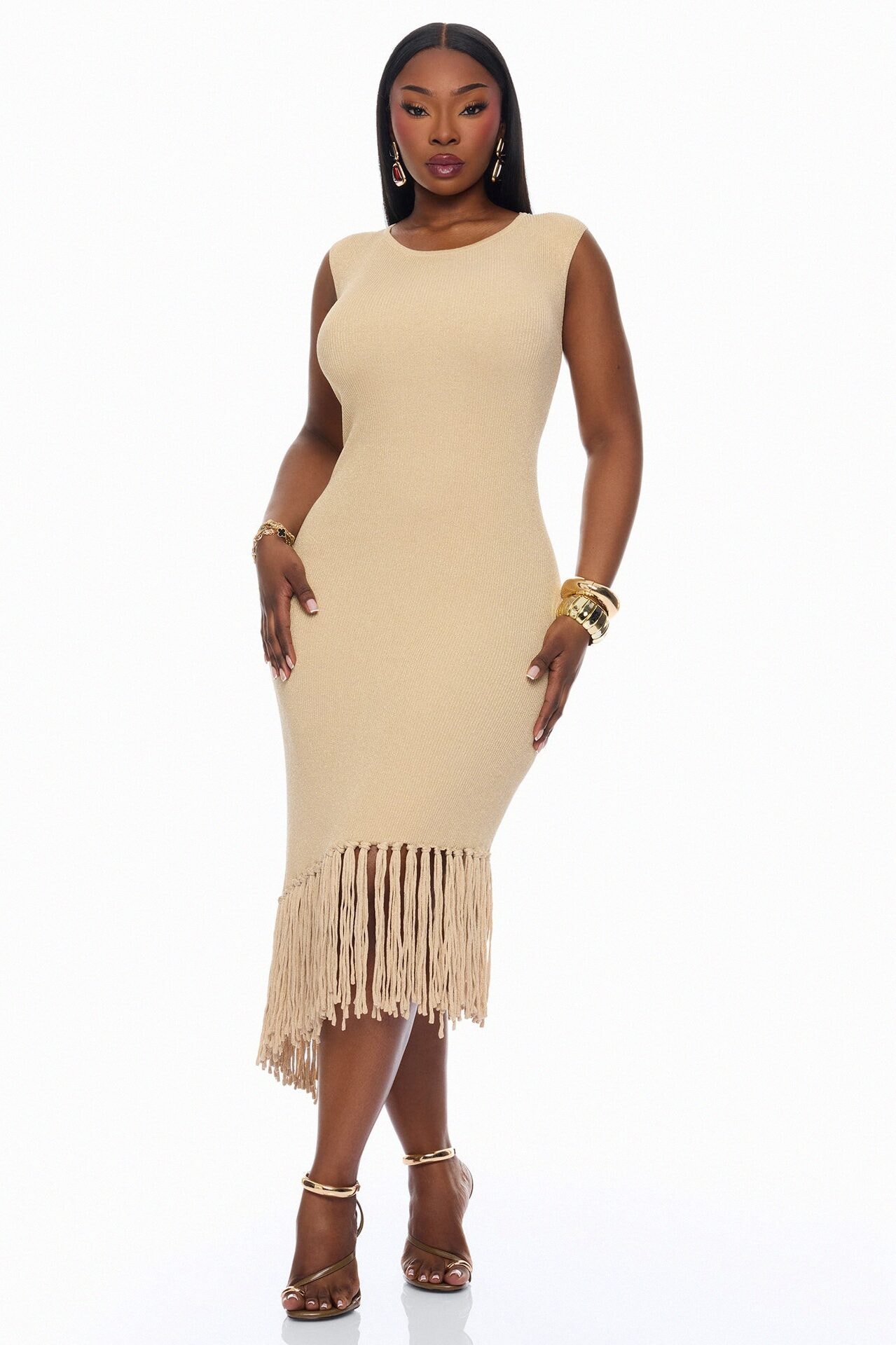 Mariah Fringe Metallic Knit Midi Dress - Gold image 1