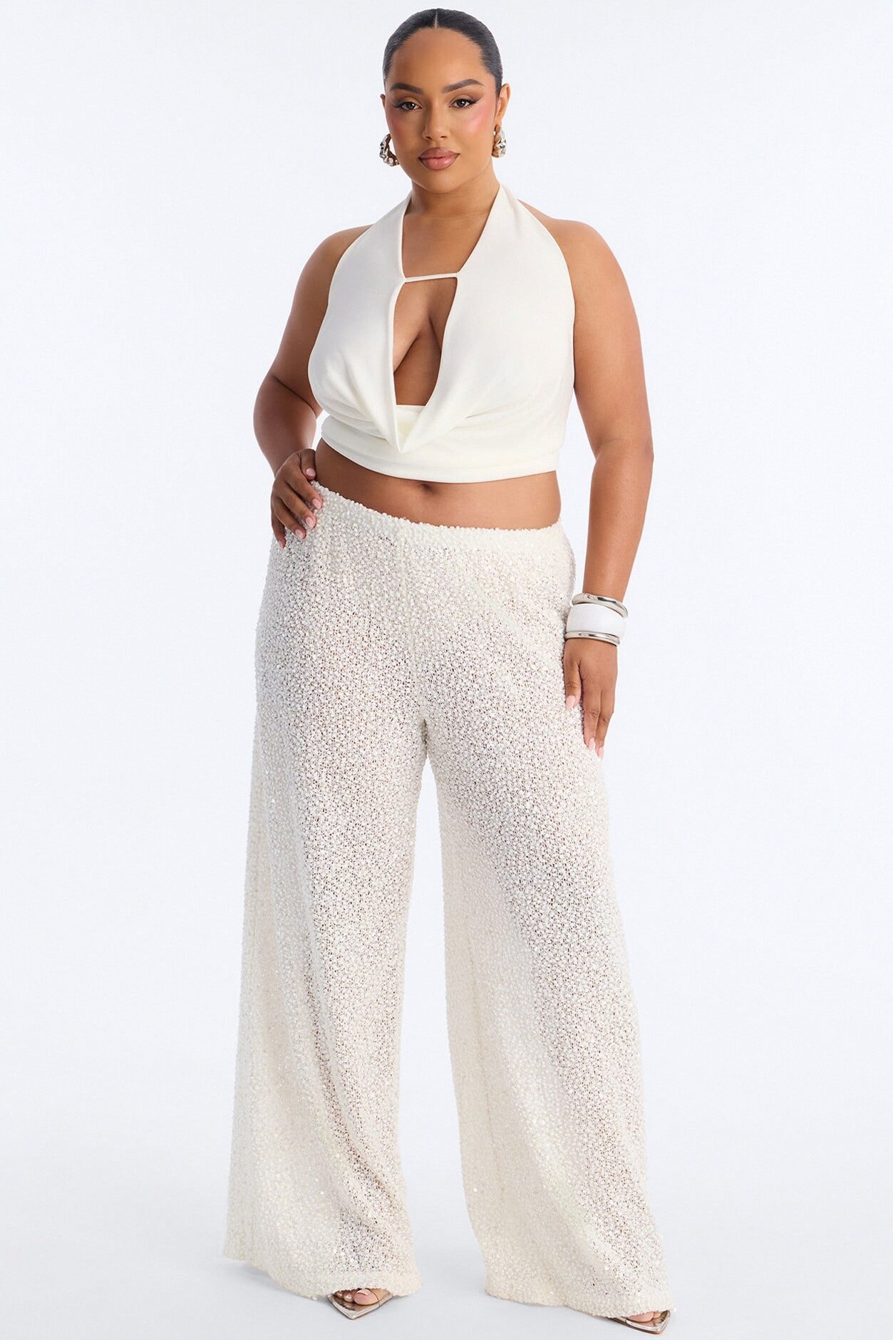 Azalea Low Rise Sequin Crochet Wide Leg Pant 33″ - White image 1