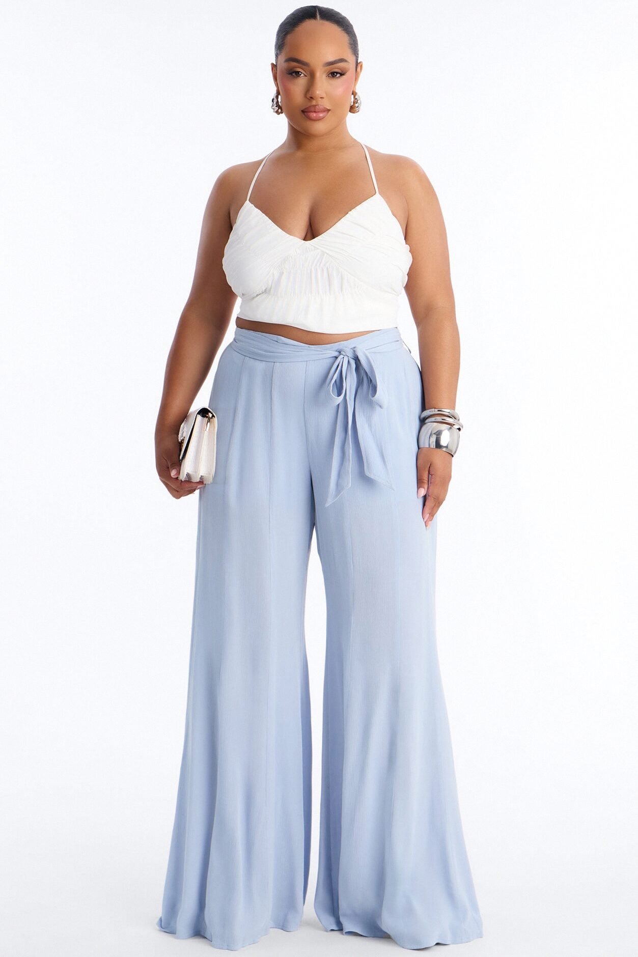Kelsey Mid Rise Tie Waist Flowy Wide Leg Pant 34″ - Light Blue image 1
