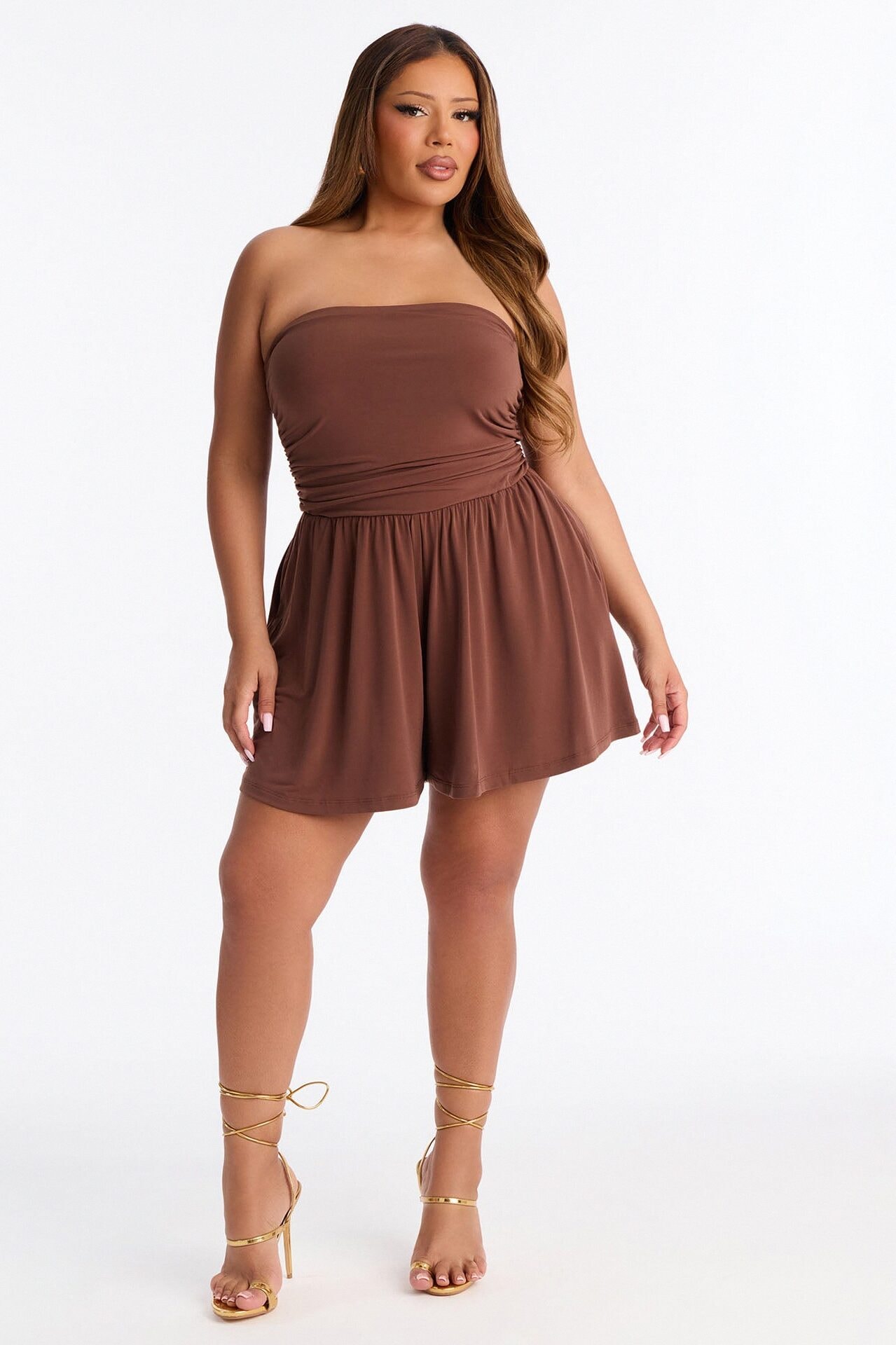 Krisha Strapless Flowy Romper - Brown image 1