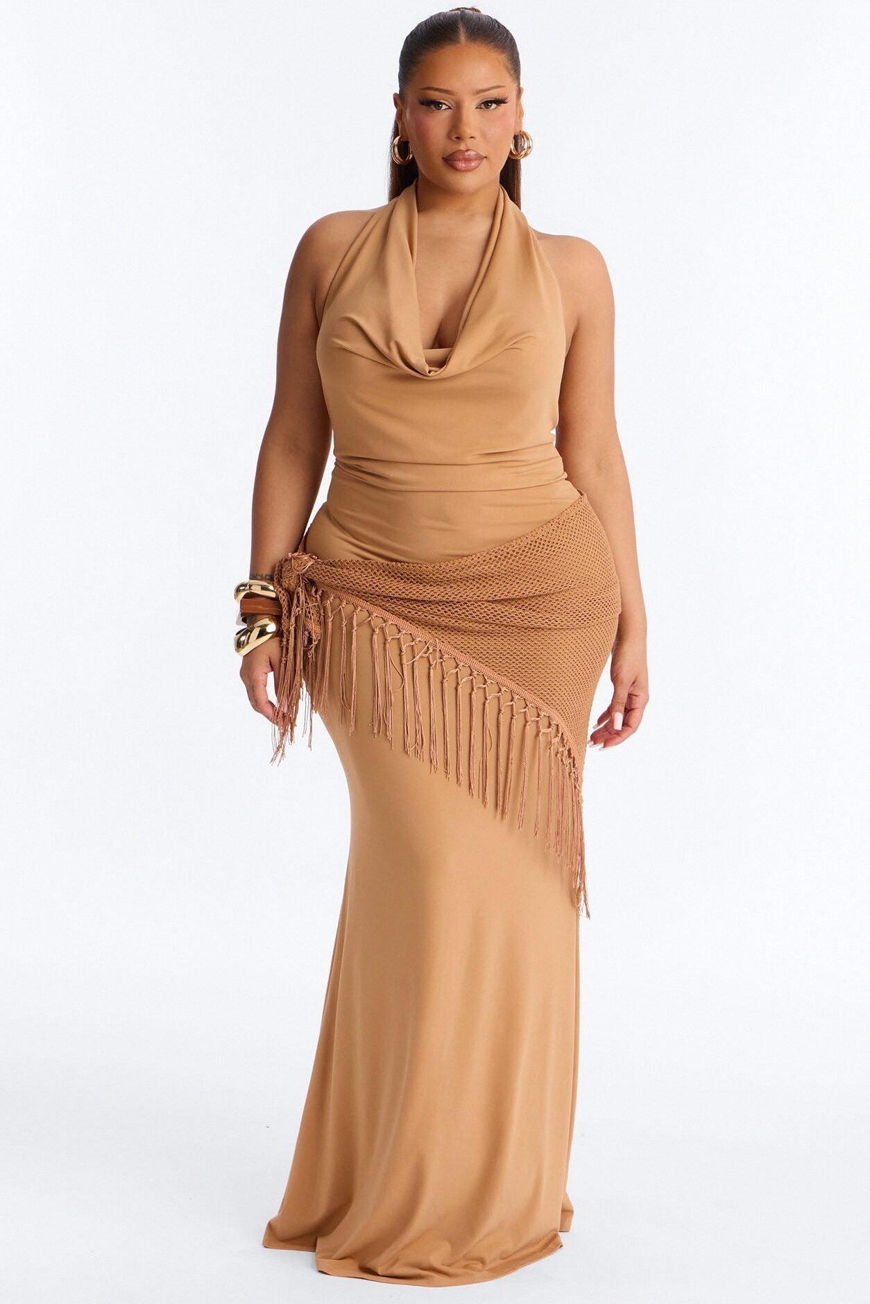 Santorini 2 Piece Fringe Scarf Maxi Dress - Camel image 1