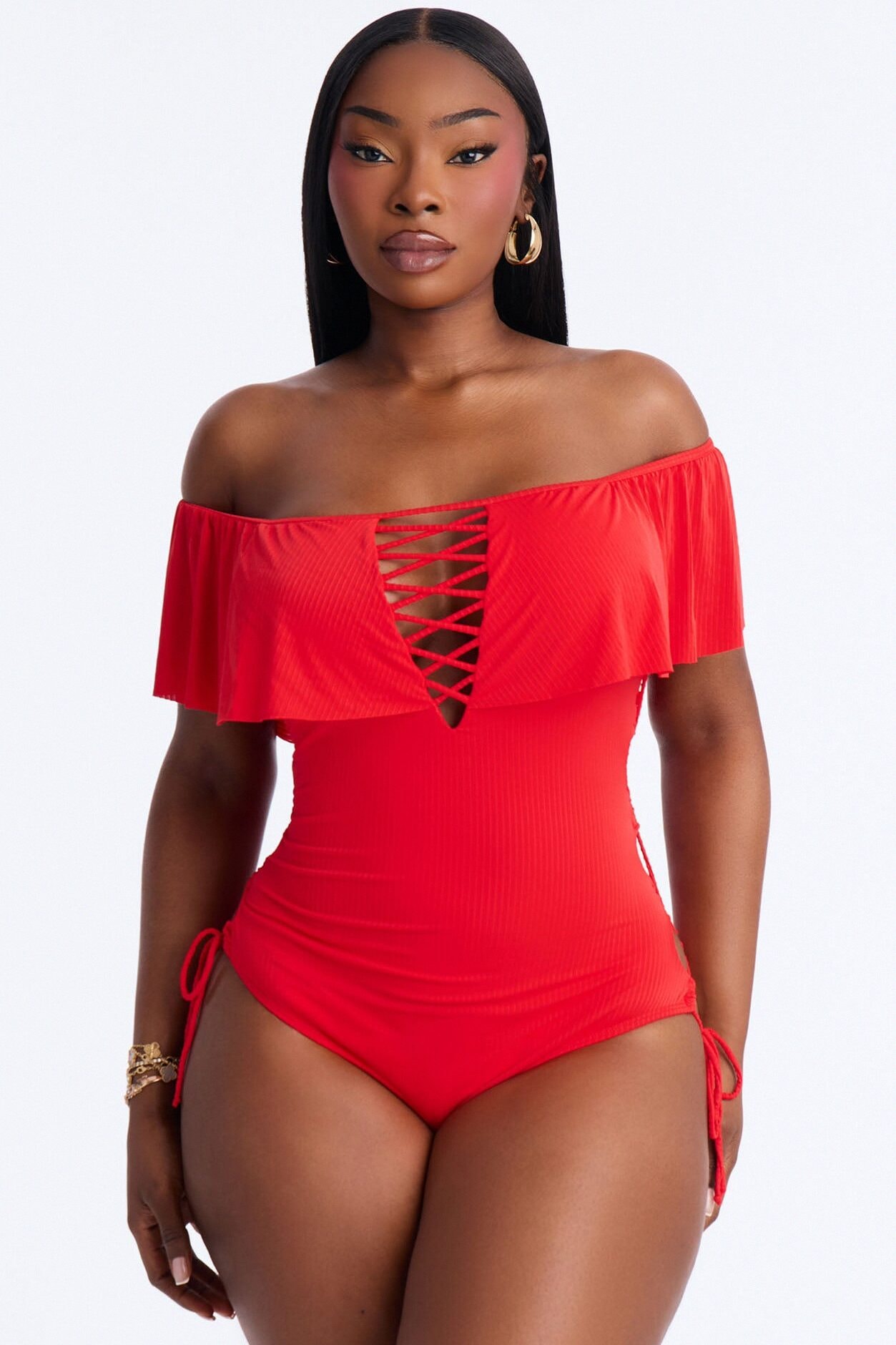 Take One Shoulder Ruffle Sleeve Lace Down Ribbed 1 Piece Swimsuit - Red image 1