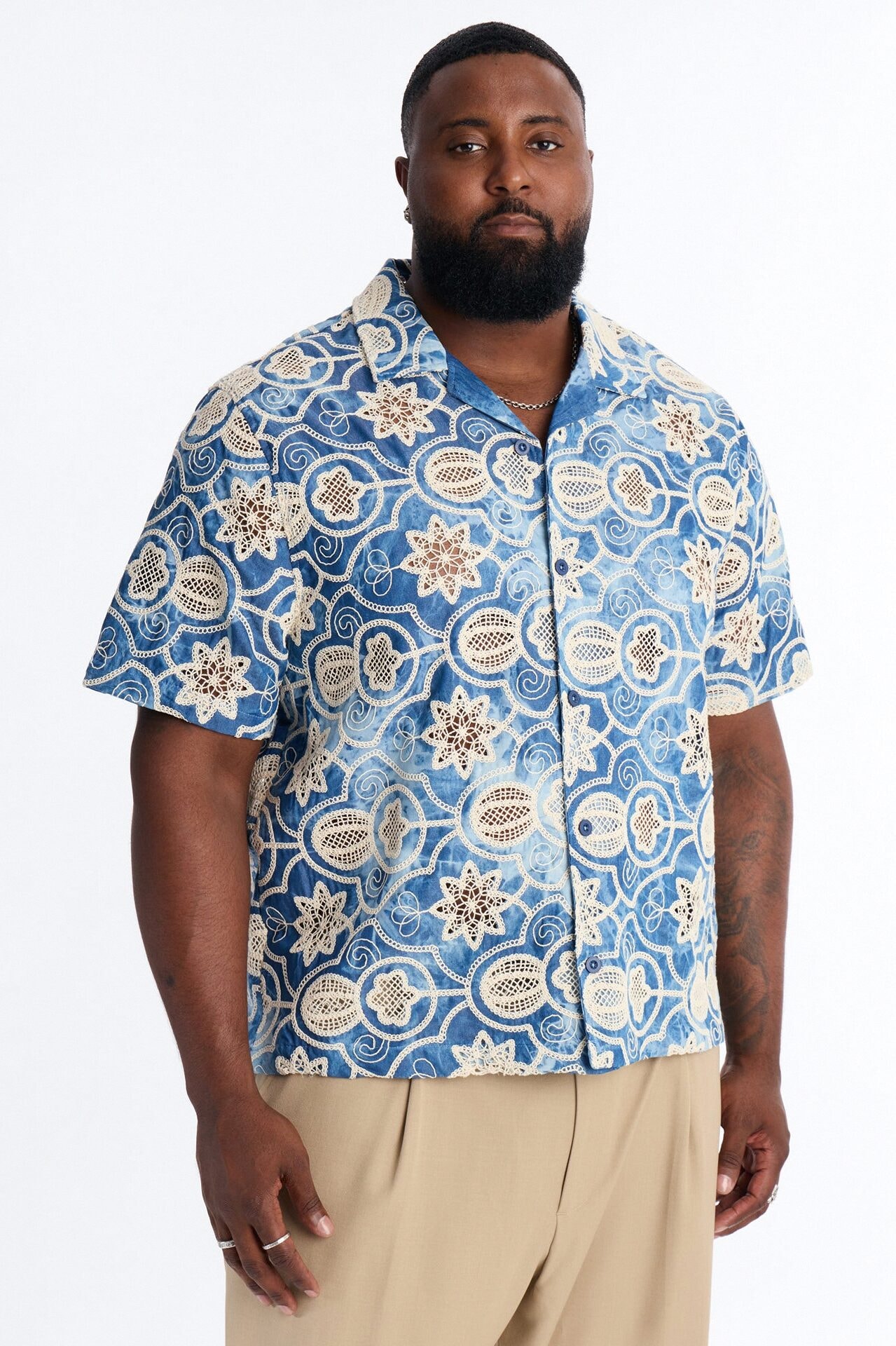 Floral Ties Washed Short Sleeve Cuban Collar Button Up Shirt - Blue image 1
