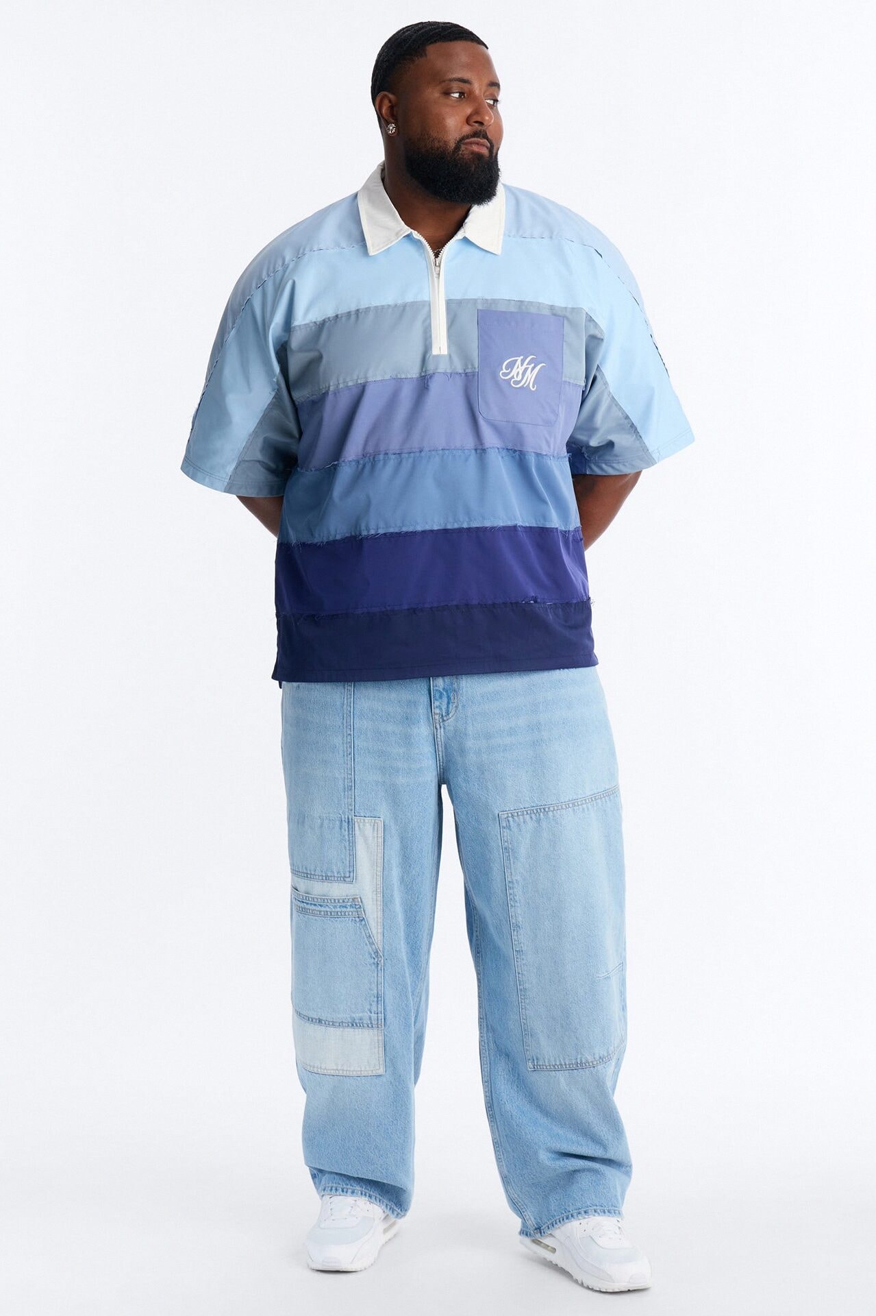 Oversized Frayed Zip Collar Polo - Blue image 1