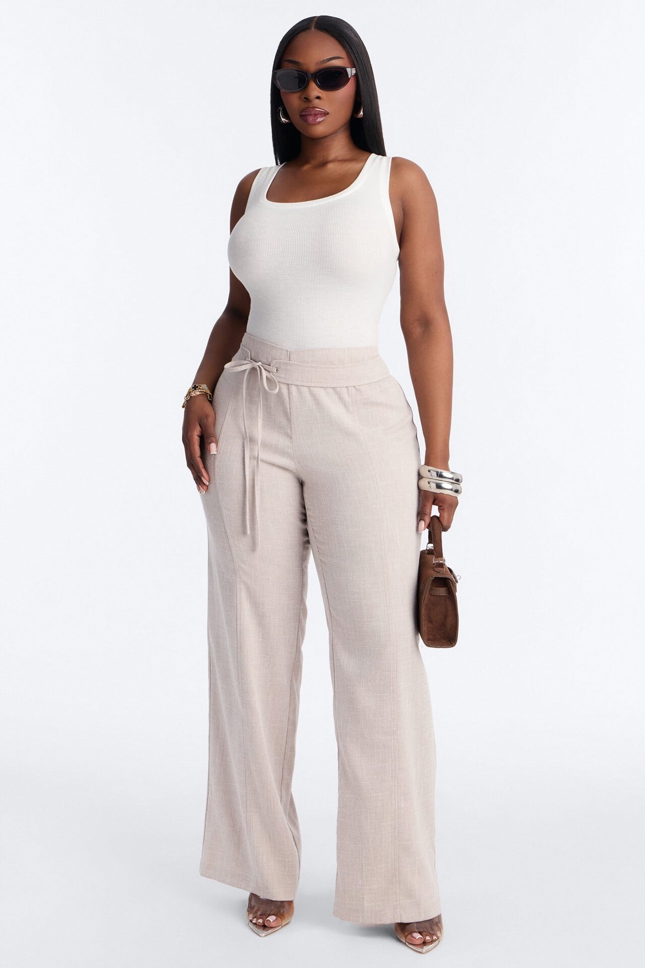 Seona Low Rise Tie Waist Straight Leg Pant - Stone image 1