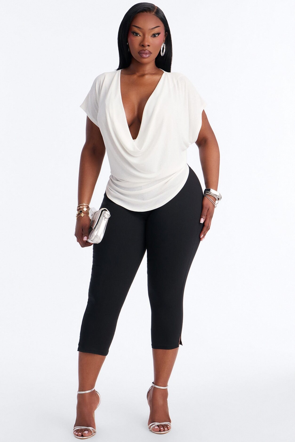 Casey Deep V-Neck Short Sleeve Top - White image 1