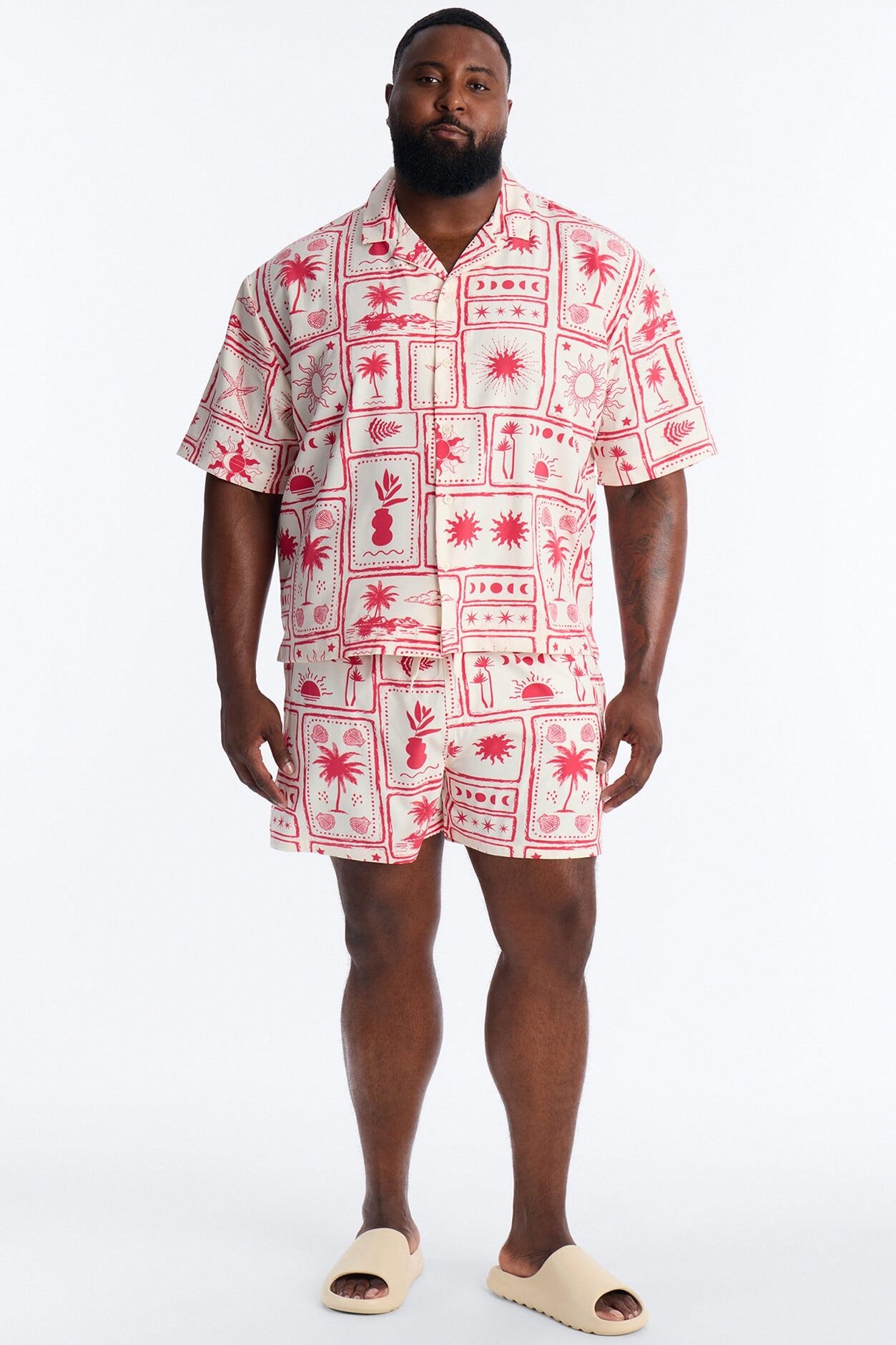 Relaxed Vacation Motif Cuban Collar Button Up Shirt - Red image 1