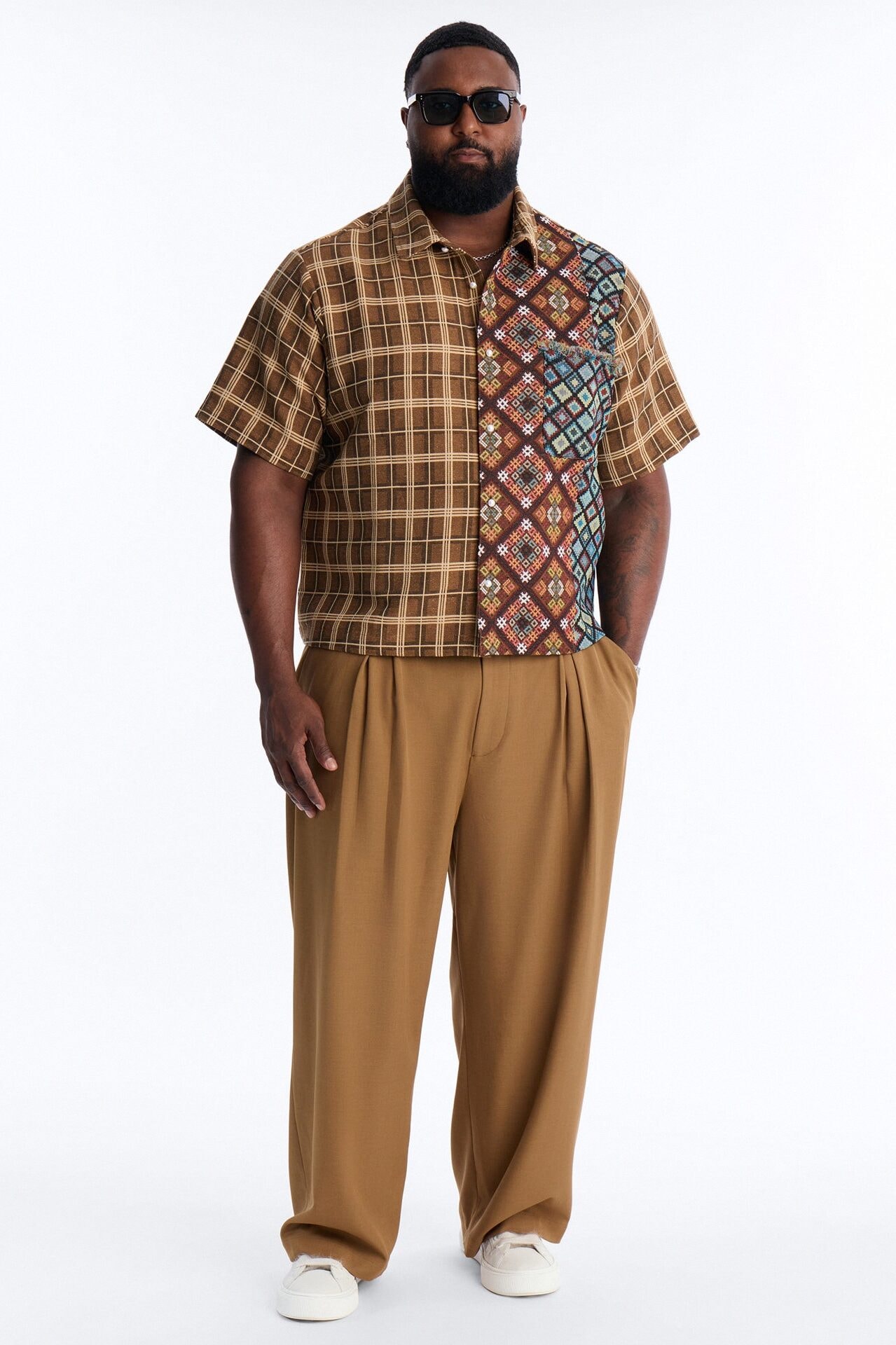 Trippy Mixed Media Button Up Shirt - Brown image 1