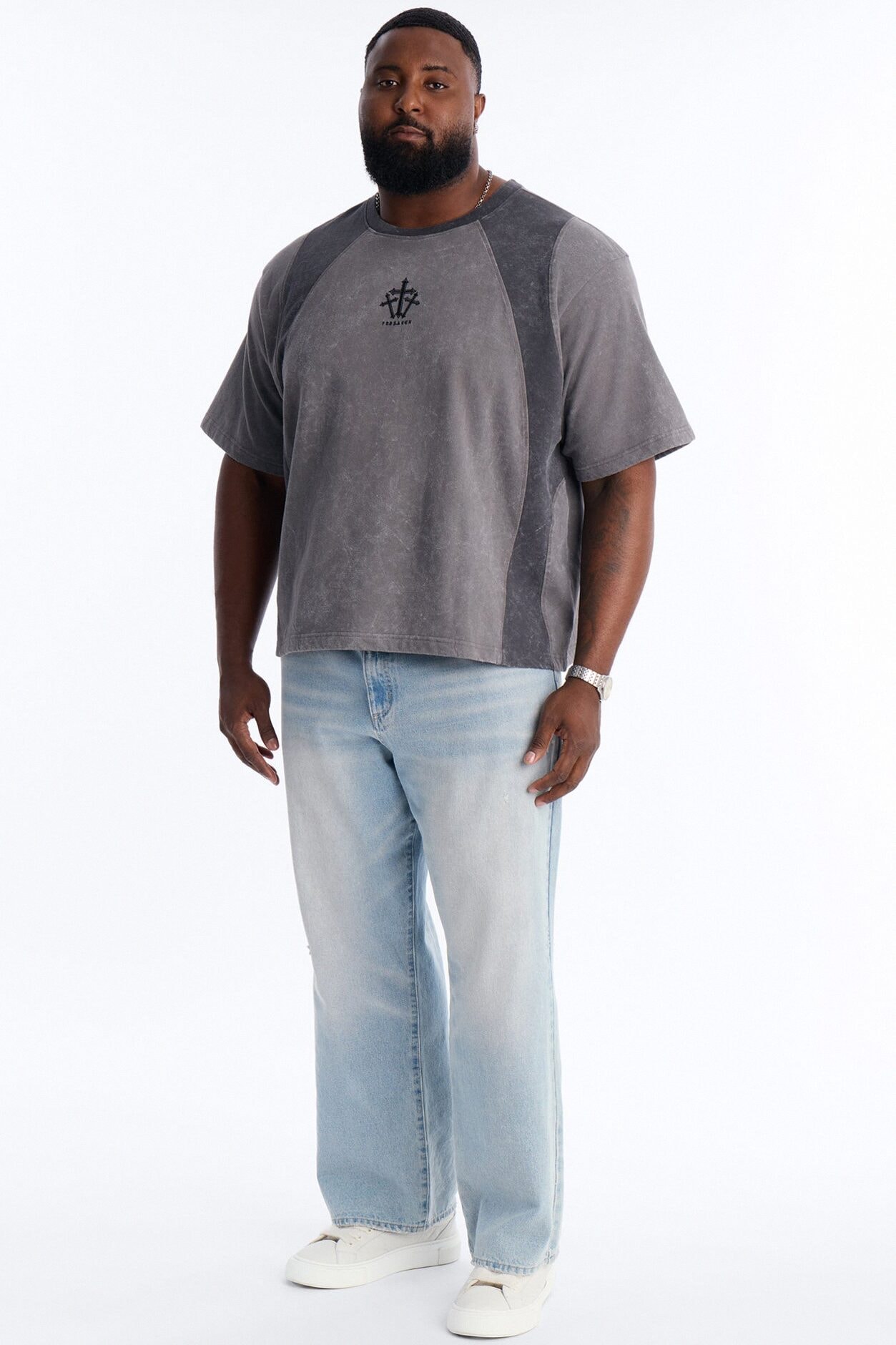 Forsaken Embroidery Paneled Fleece Tee - Grey image 1