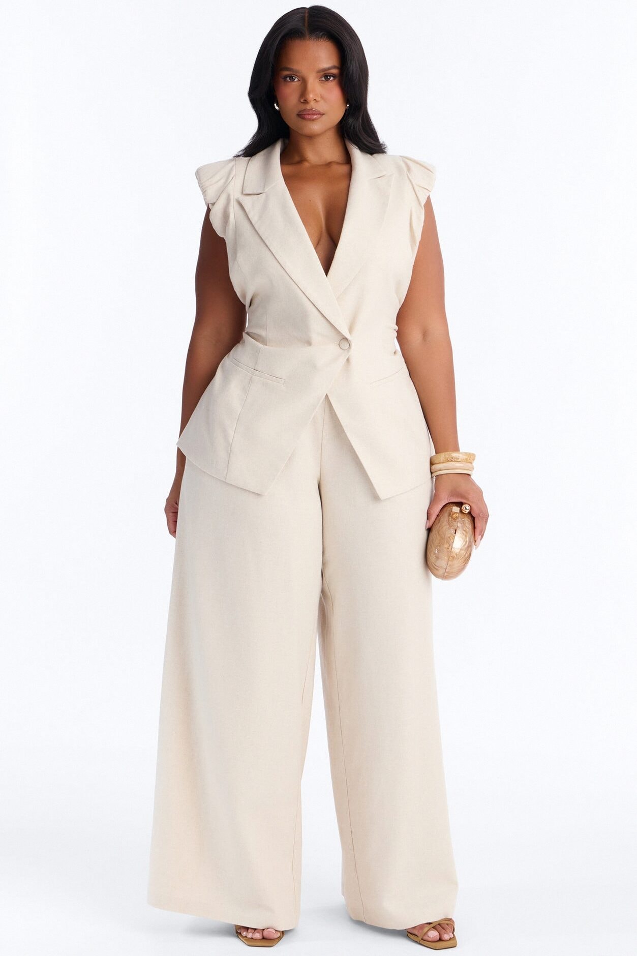 Nhulla Sleeveless Ruched Linen Blazer - Natural image 1