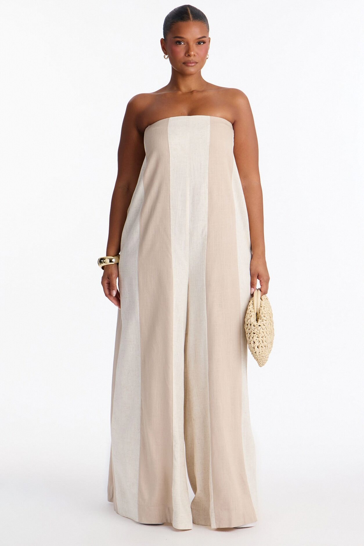 Michelle Striped Strapless Linen Jumpsuit - Taupe image 1