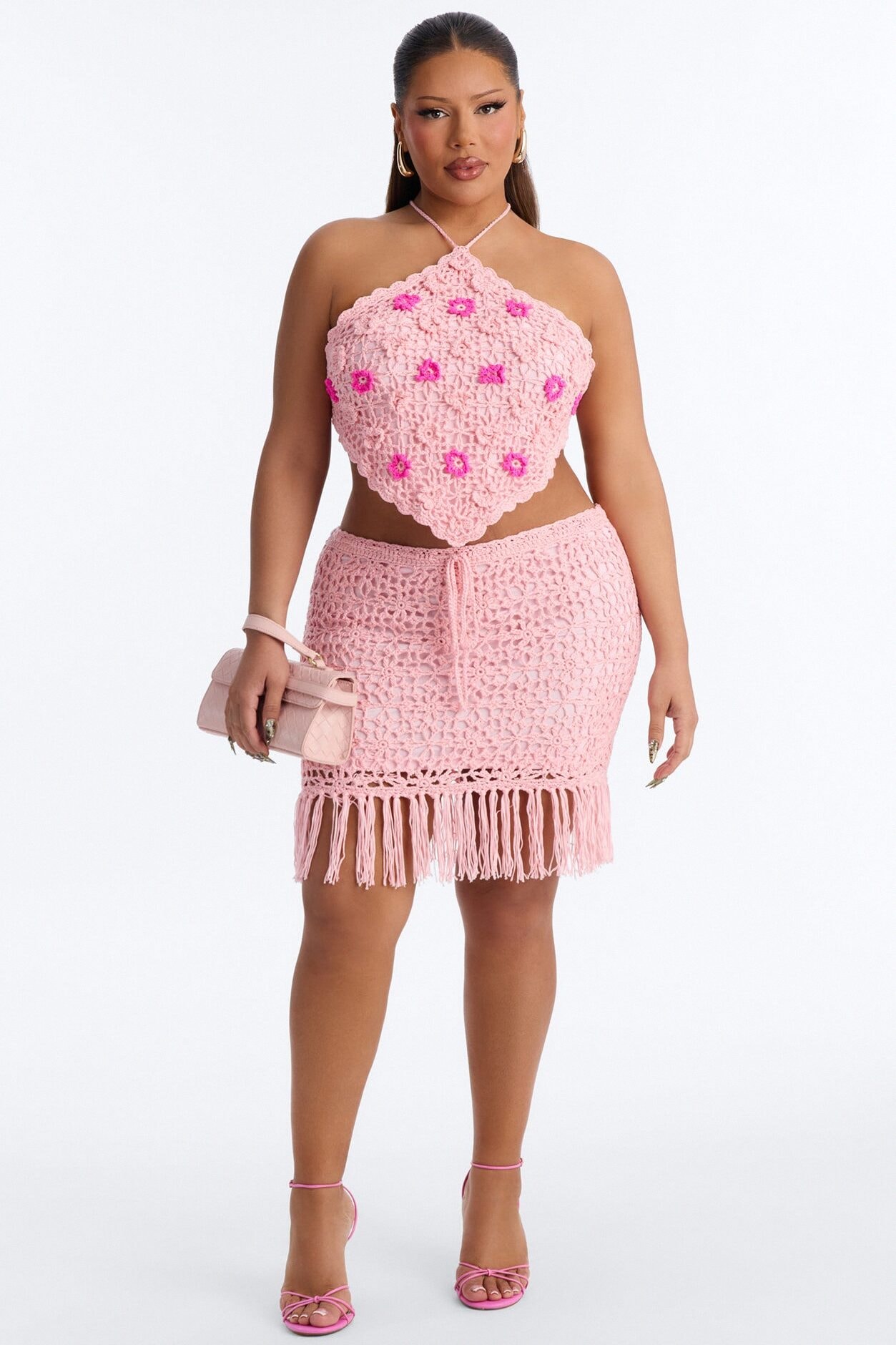 Floral Fringe Crochet Skirt Set - Pink image 1
