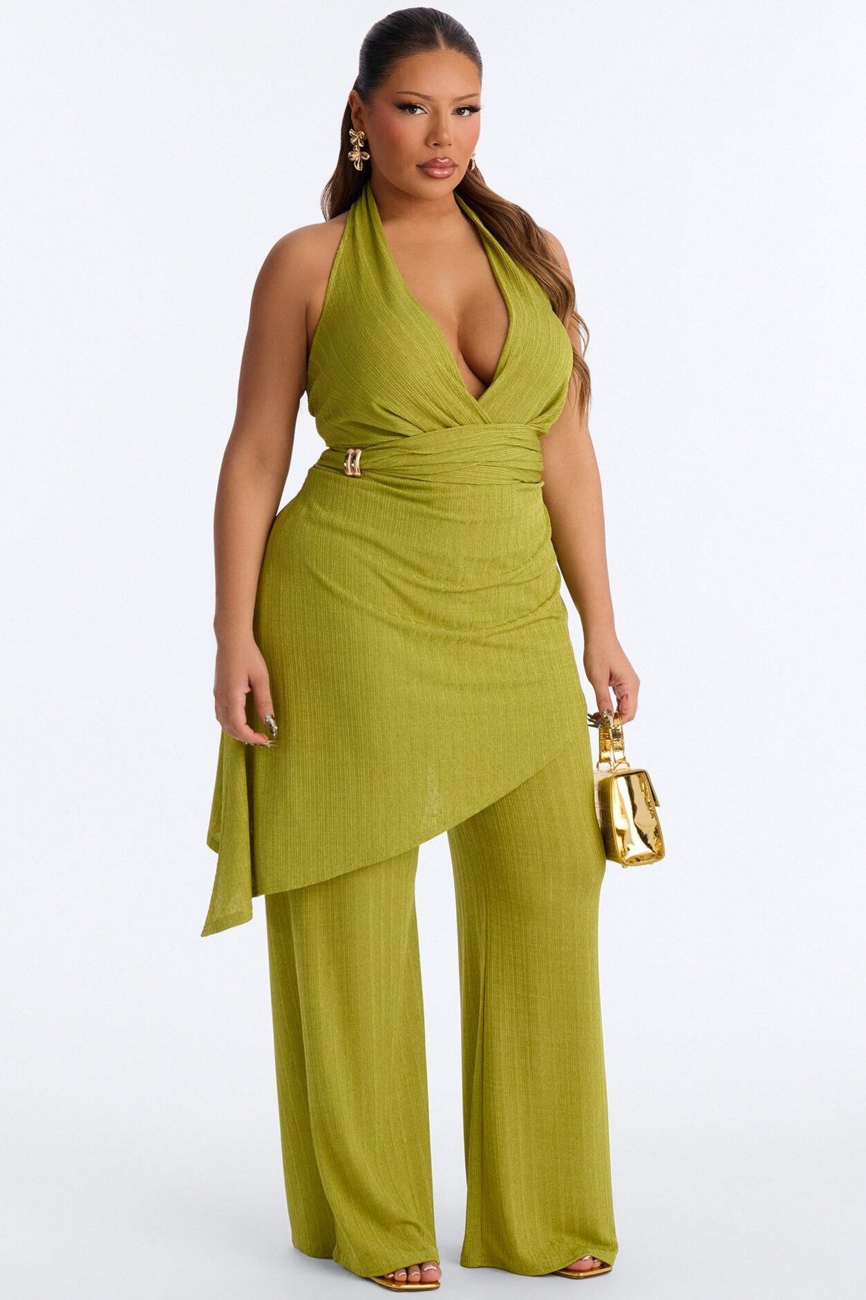Malia Slinky Plunge Halter Pant Set - Chartreuse image 1