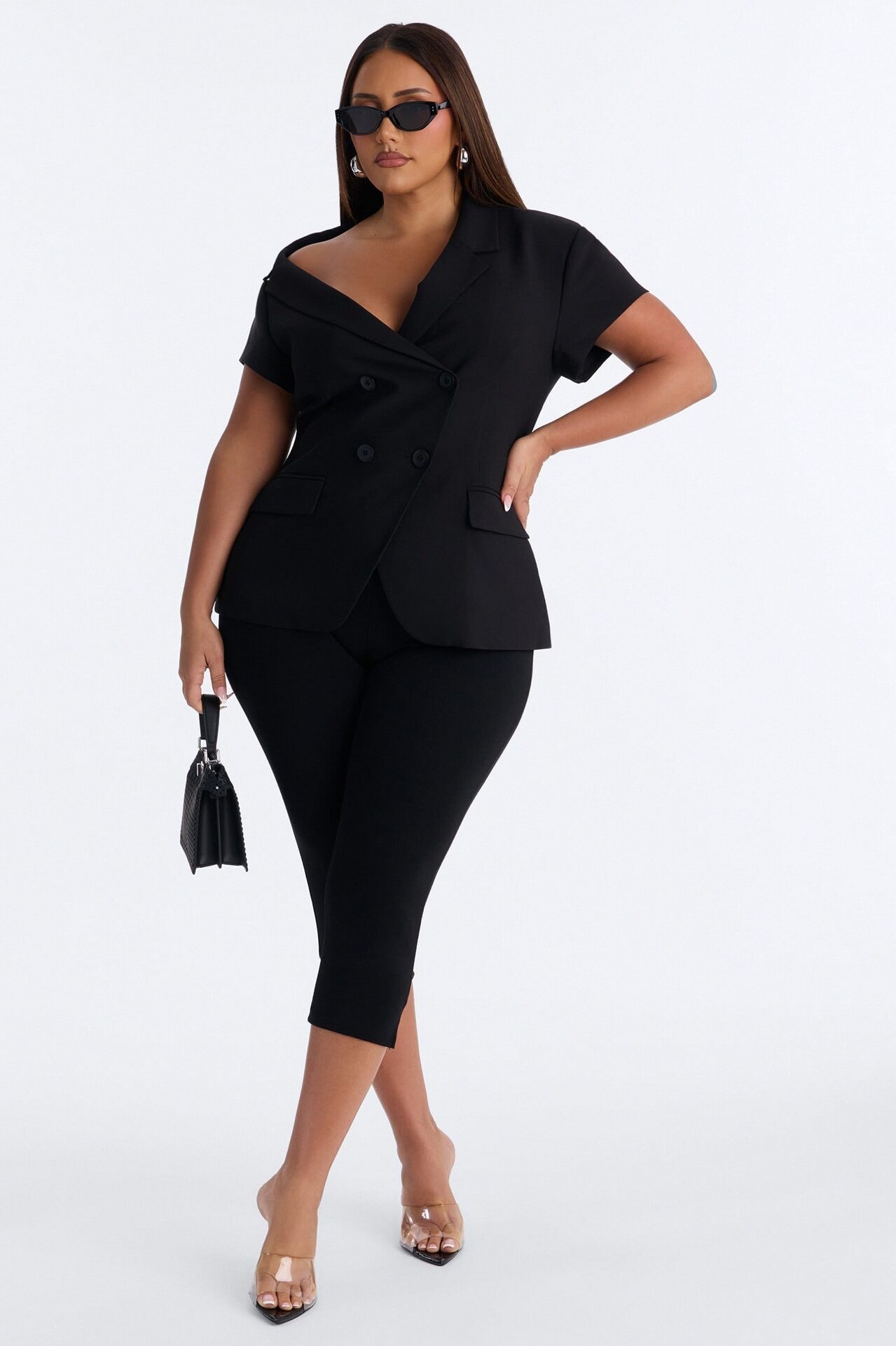 Valerie Asymmetrical Neckline Short Sleeve Blazer - Black image 1