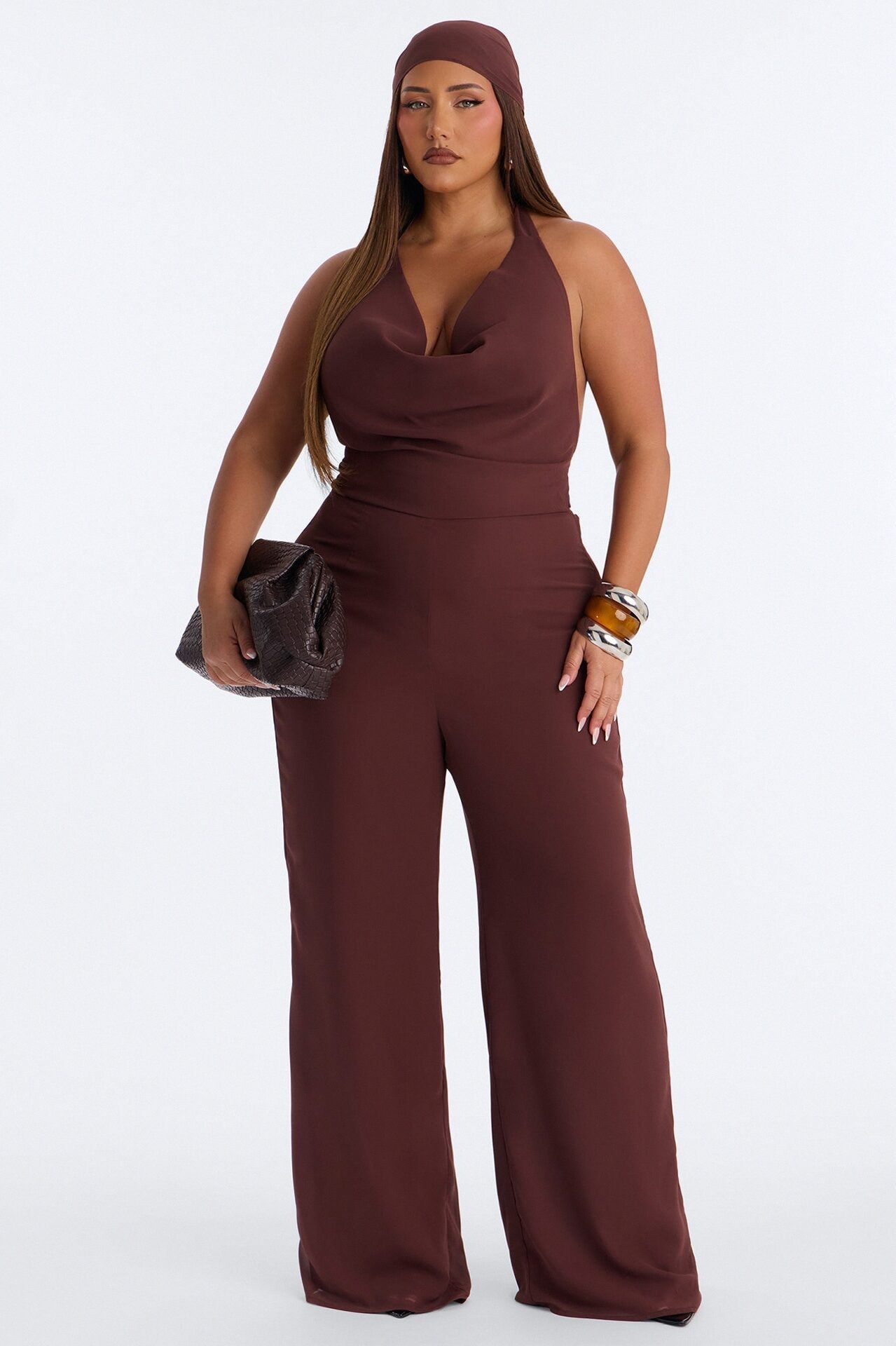 Angelica 2 Piece Chiffon Head Scarf Jumpsuit - Brown image 1