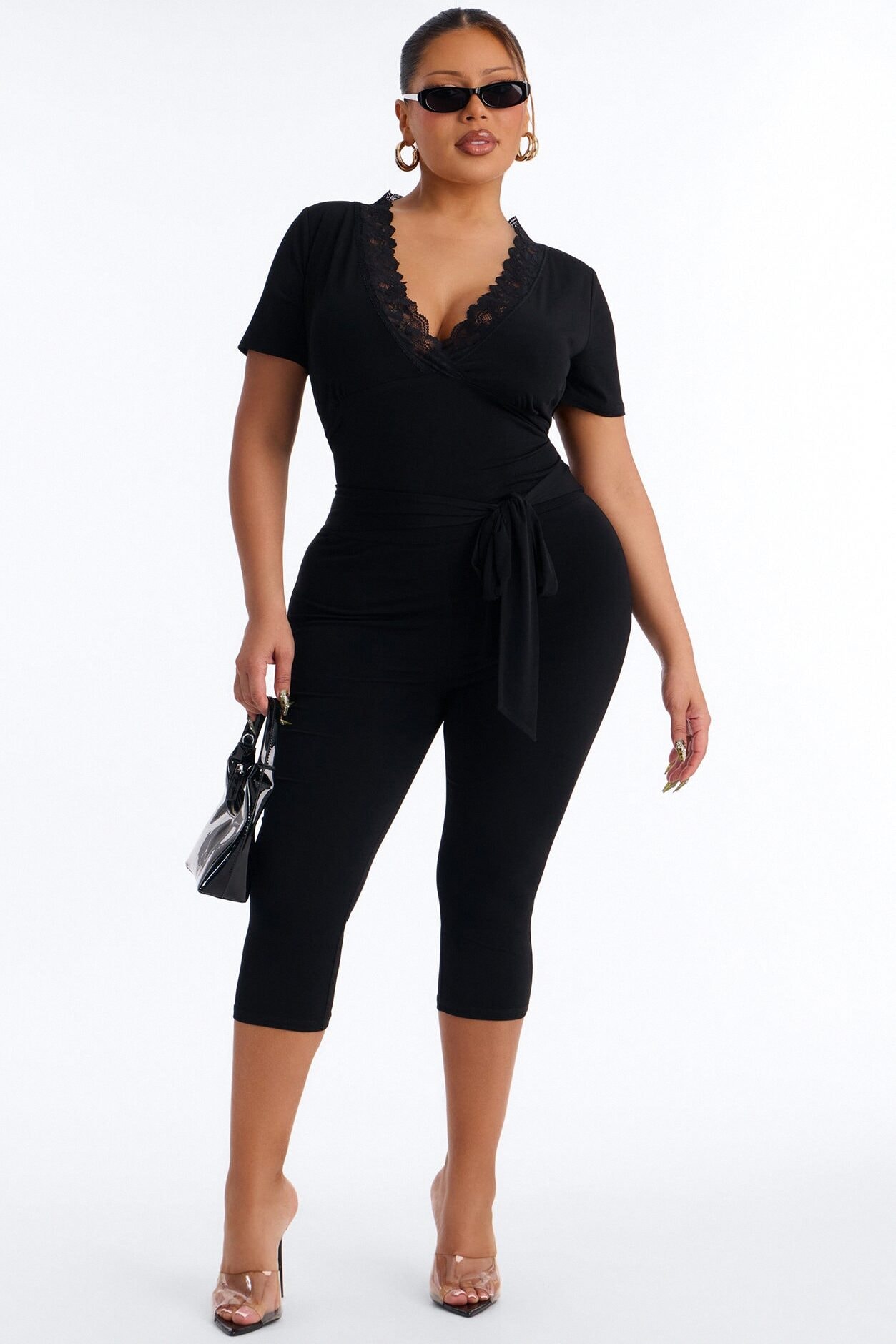 Priscilla Lace Trim Capri Catsuit - Black image 1
