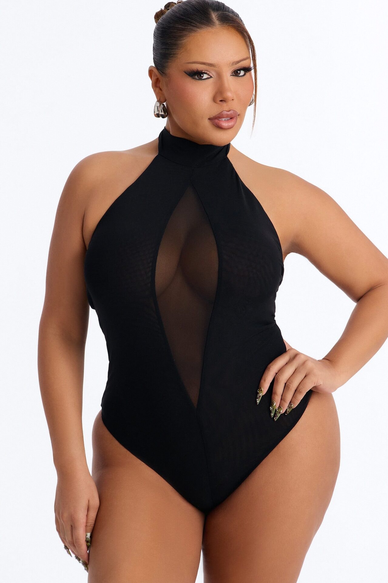 Rianna Mock Neck Sheer Mesh Bodysuit - Black image 1