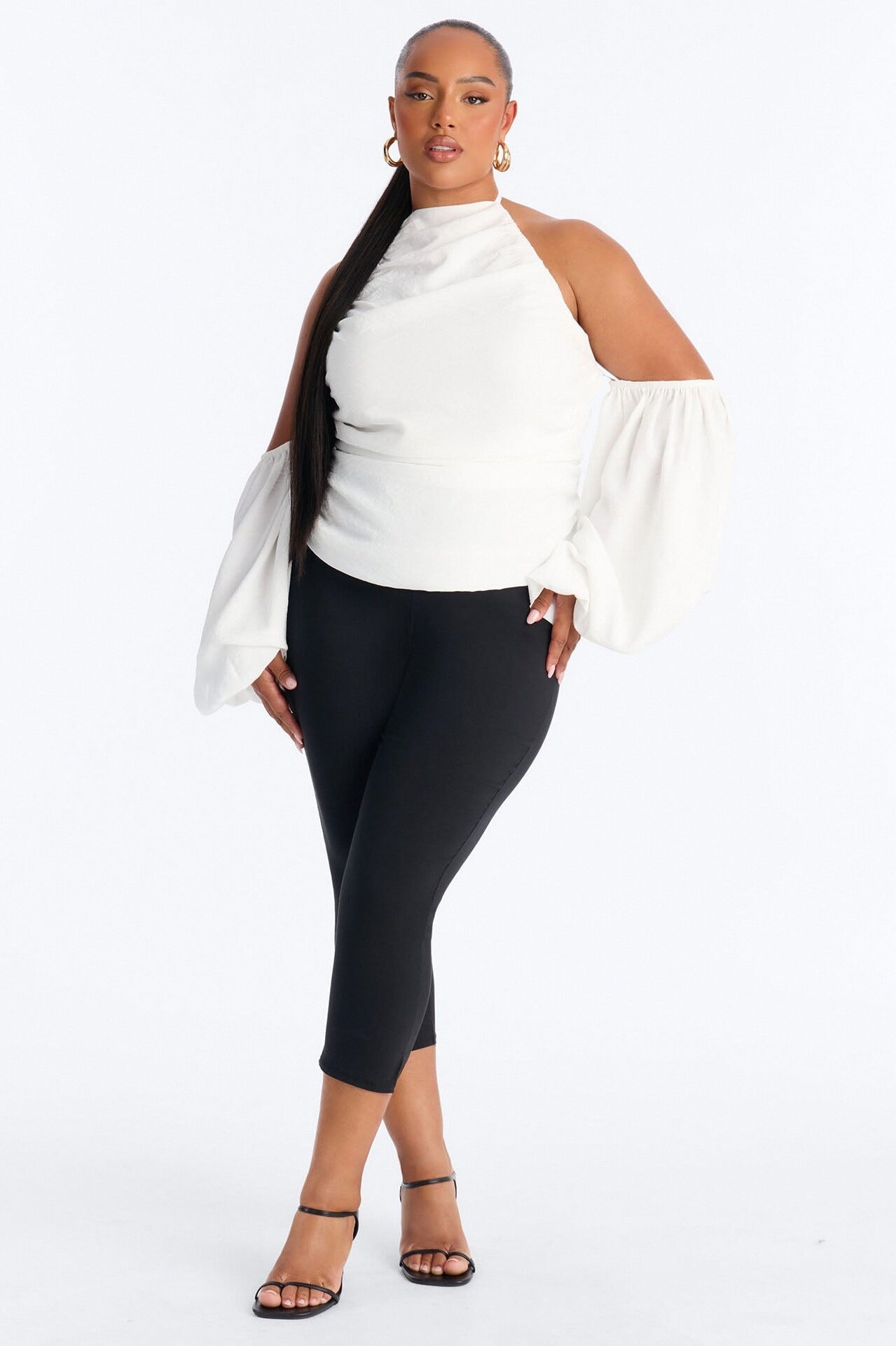 Too Cute To Care Long Sleeve Ruched Airflow Halter Top - White image 1