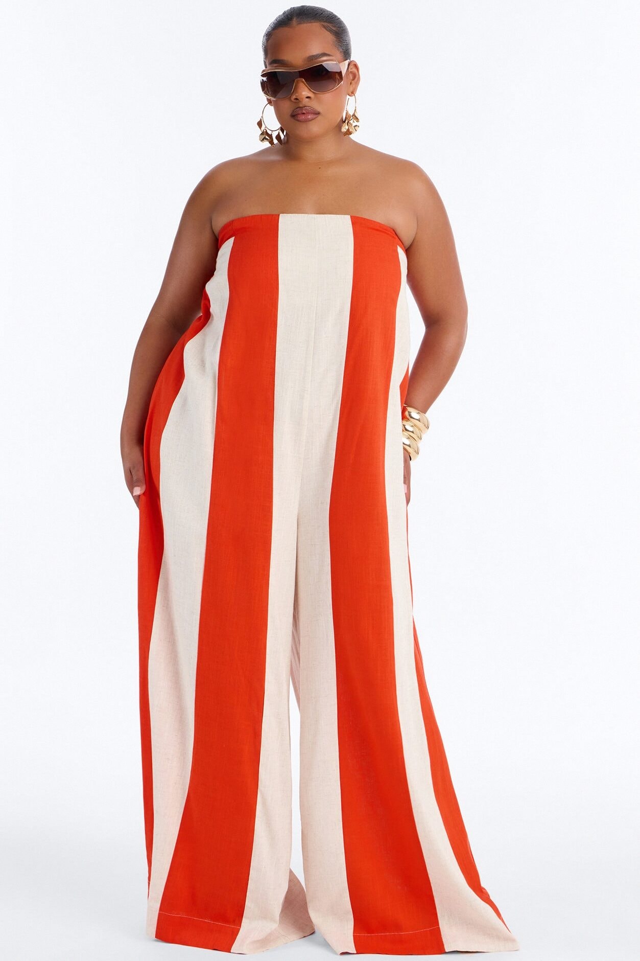 Michelle Striped Strapless Linen Jumpsuit - Orange image 1