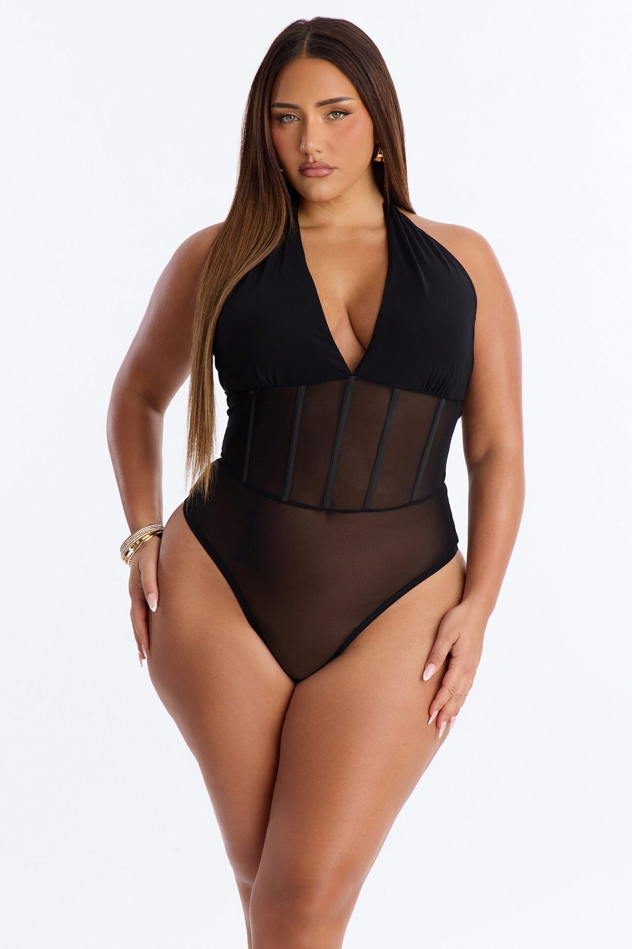 Nightfall Vibe Sheer Corset Waist Bodysuit - Black image 1
