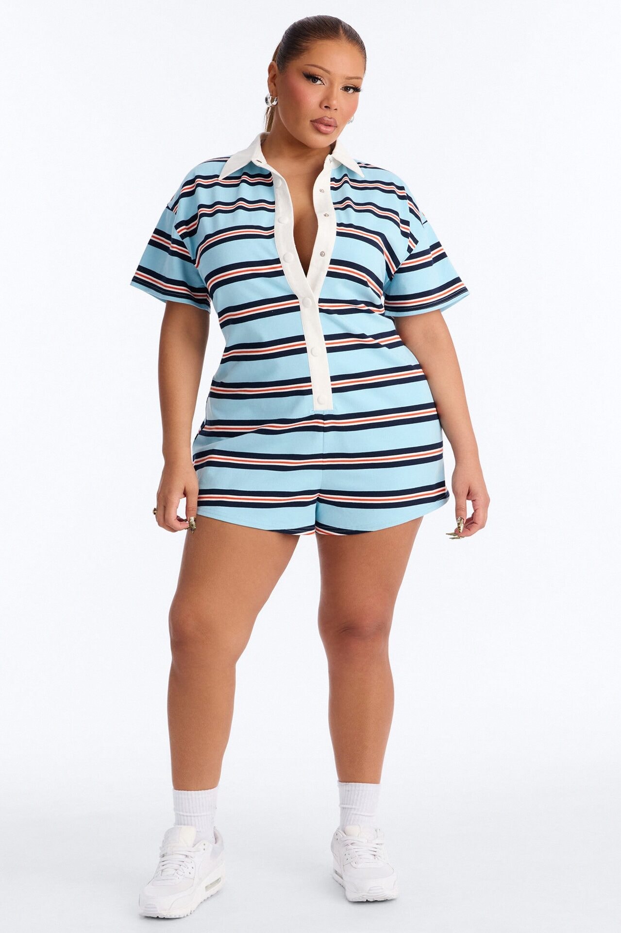Kyla Short Sleeve Striped Polo Romper - Blue image 1