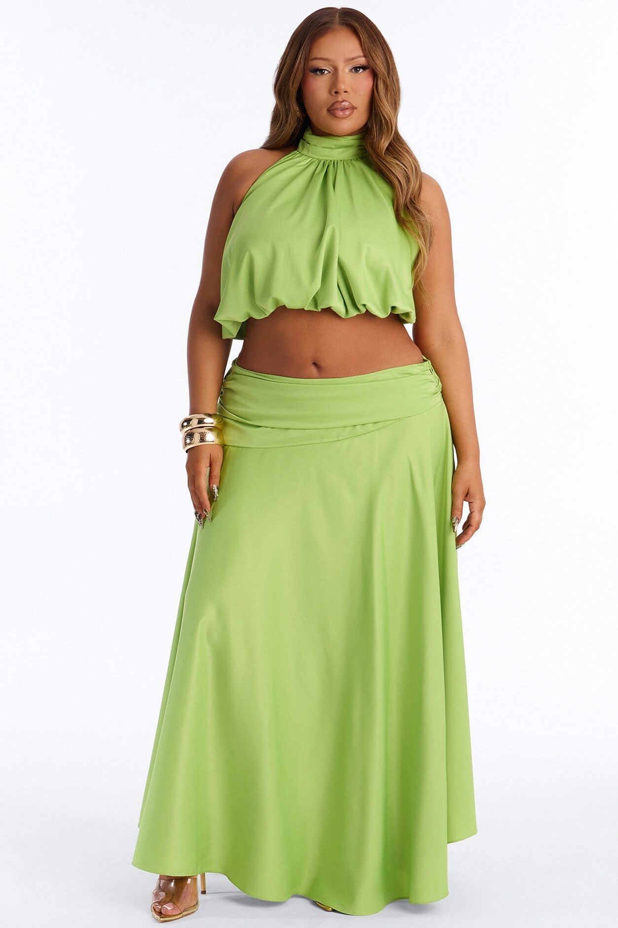Gemma Satin Halter Skirt Set - Lime image 1