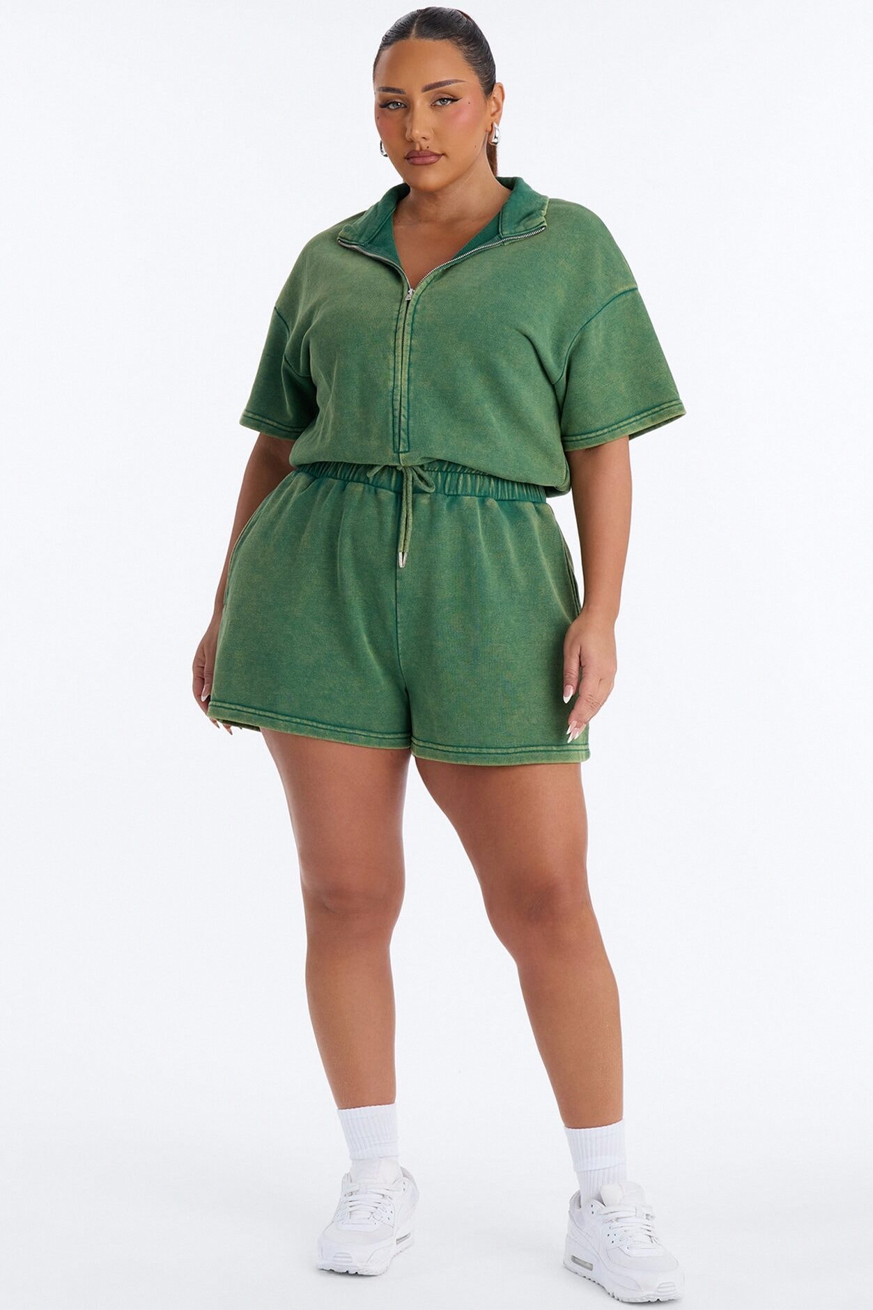 Busy Schedule Washed French Terry Romper - Green image 1