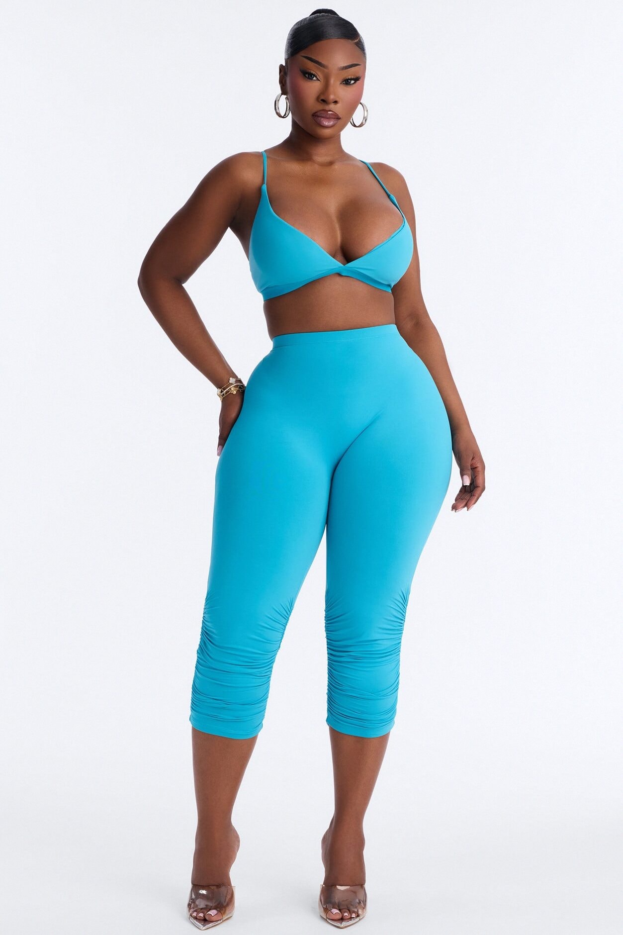 Second Skin Double Lined Ruched Low Rise Capri Legging - Blue image 1