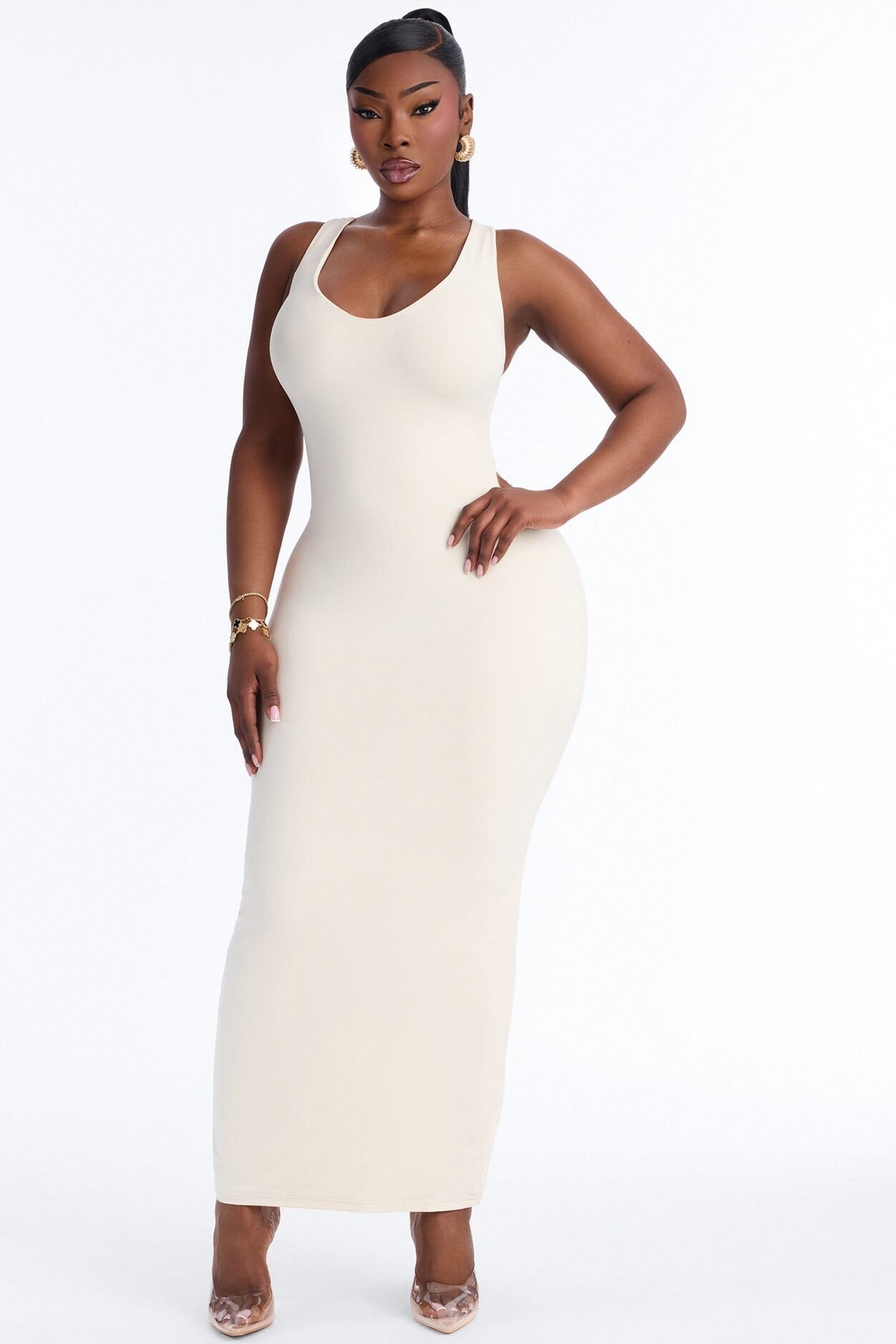 Second Skin Double Lined U Neck Racerback Maxi Dress - Bone image 1
