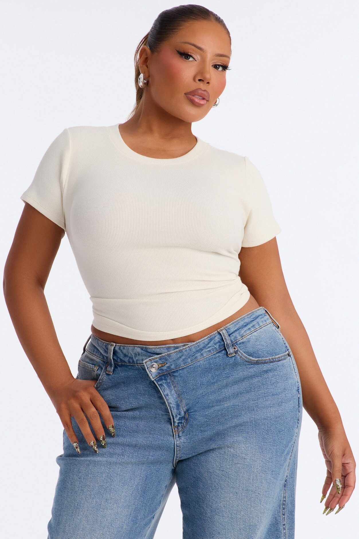 Kayla Rib Cap Sleeve Crew Neck Top - Cream image 1