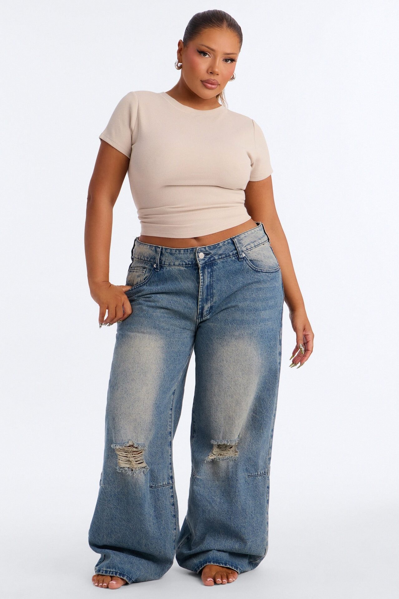 Kayla Rib Cap Sleeve Crew Neck Top - Stone image 1