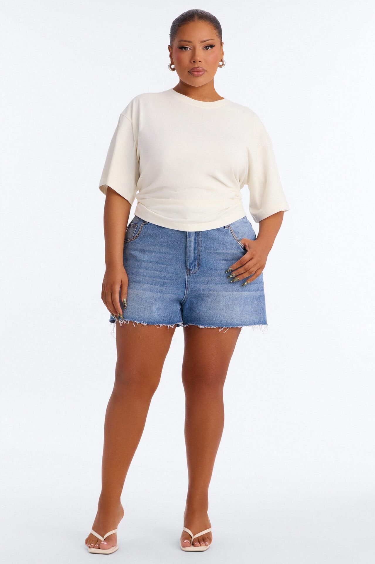 Nora Crew Neck Ruched Short Sleeve T-Shirt - Cream image 1
