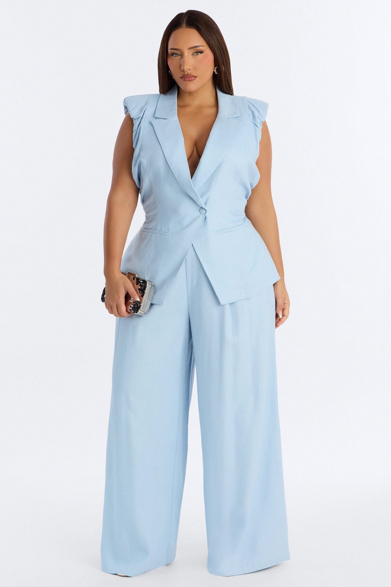 Nhulla Sleeveless Ruched Linen Blazer - Blue image 1