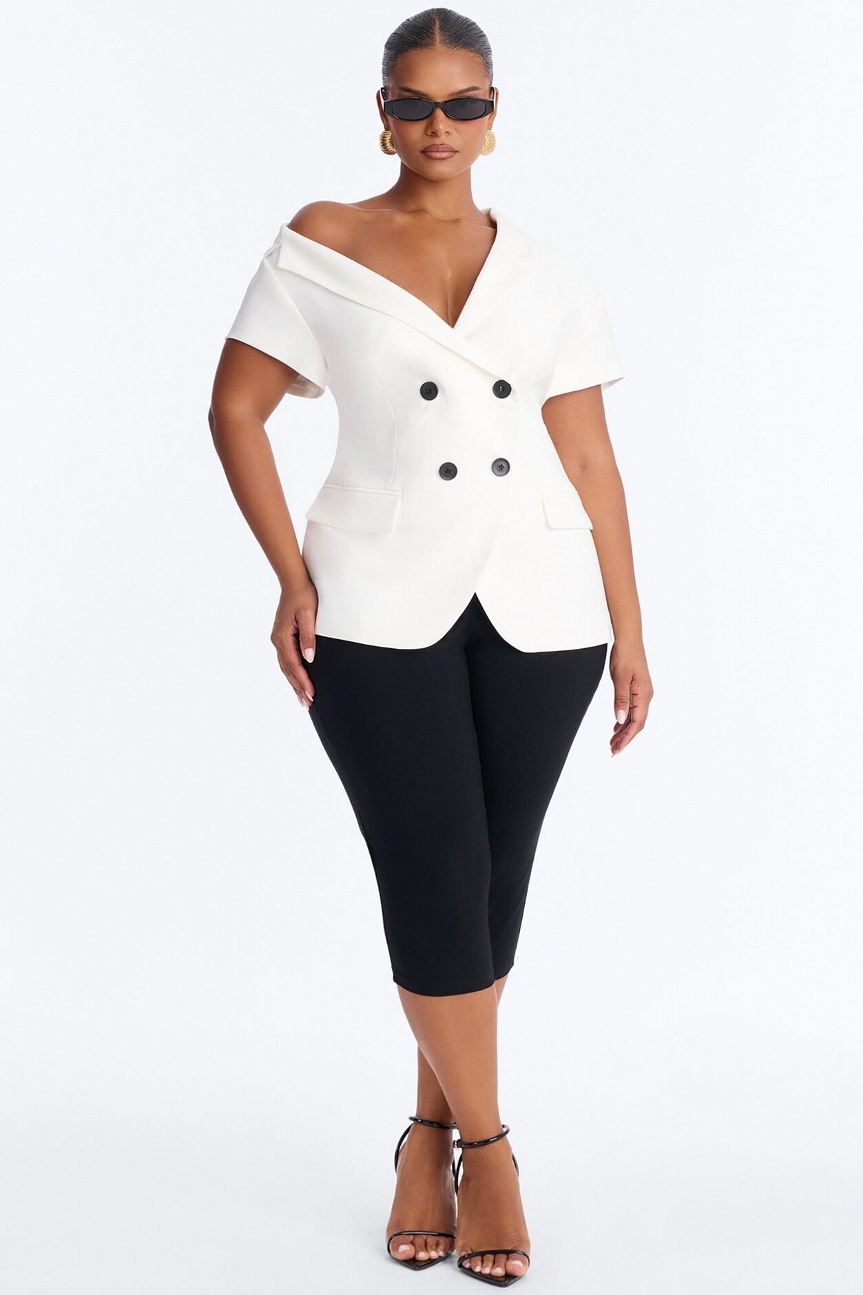 Valerie Asymmetrical Neckline Short Sleeve Blazer - White image 1