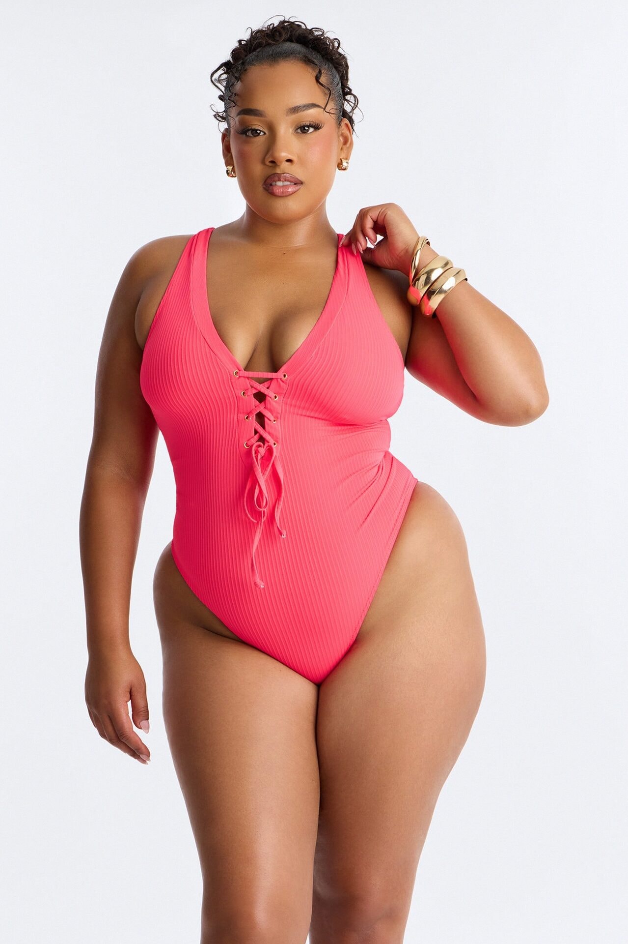 Clear Water Textured Lace Up V-Neck 1 Piece Swimsuit - Red image 1