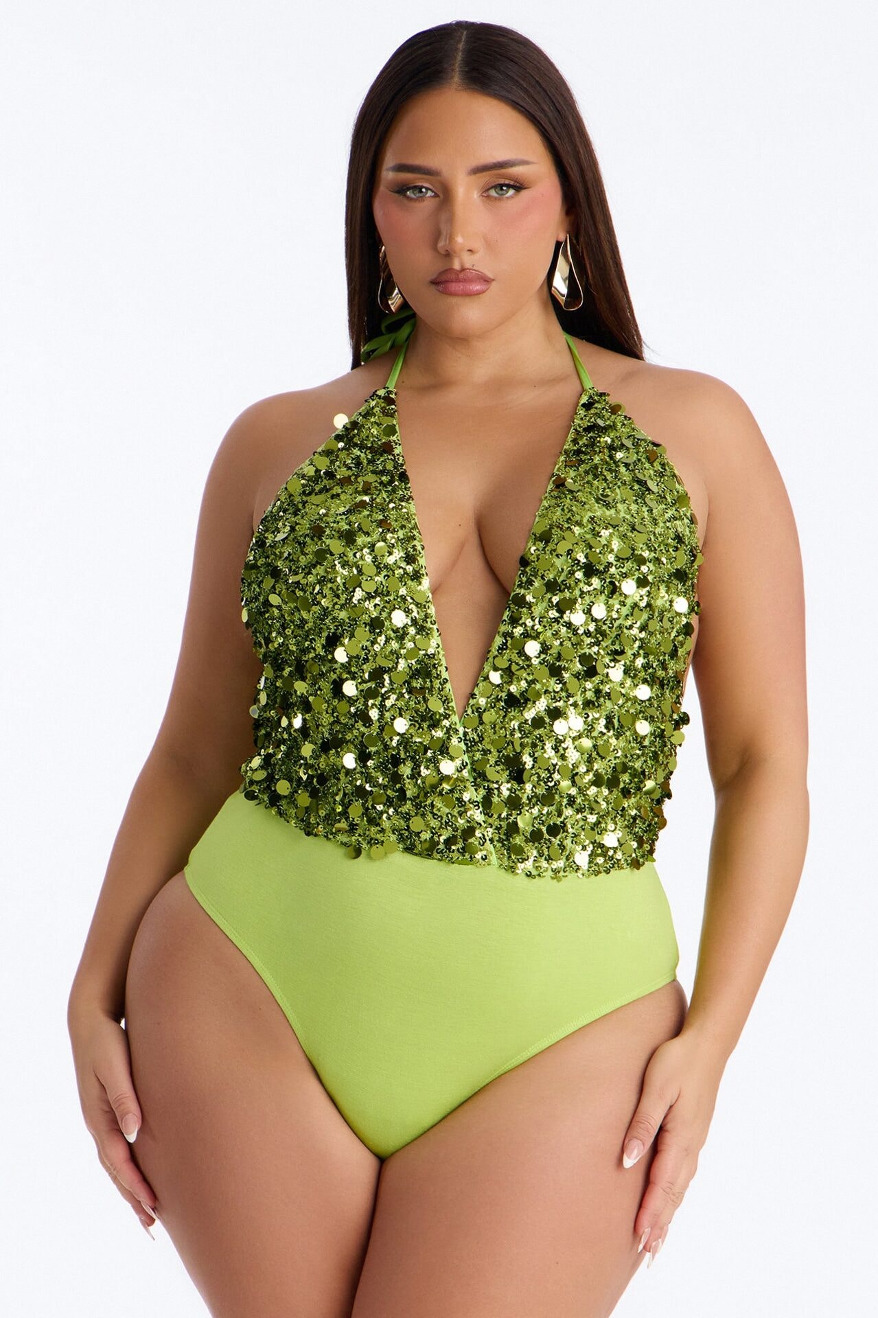 Radiant Nights Sequin Halter Bodysuit - Chartreuse image 1