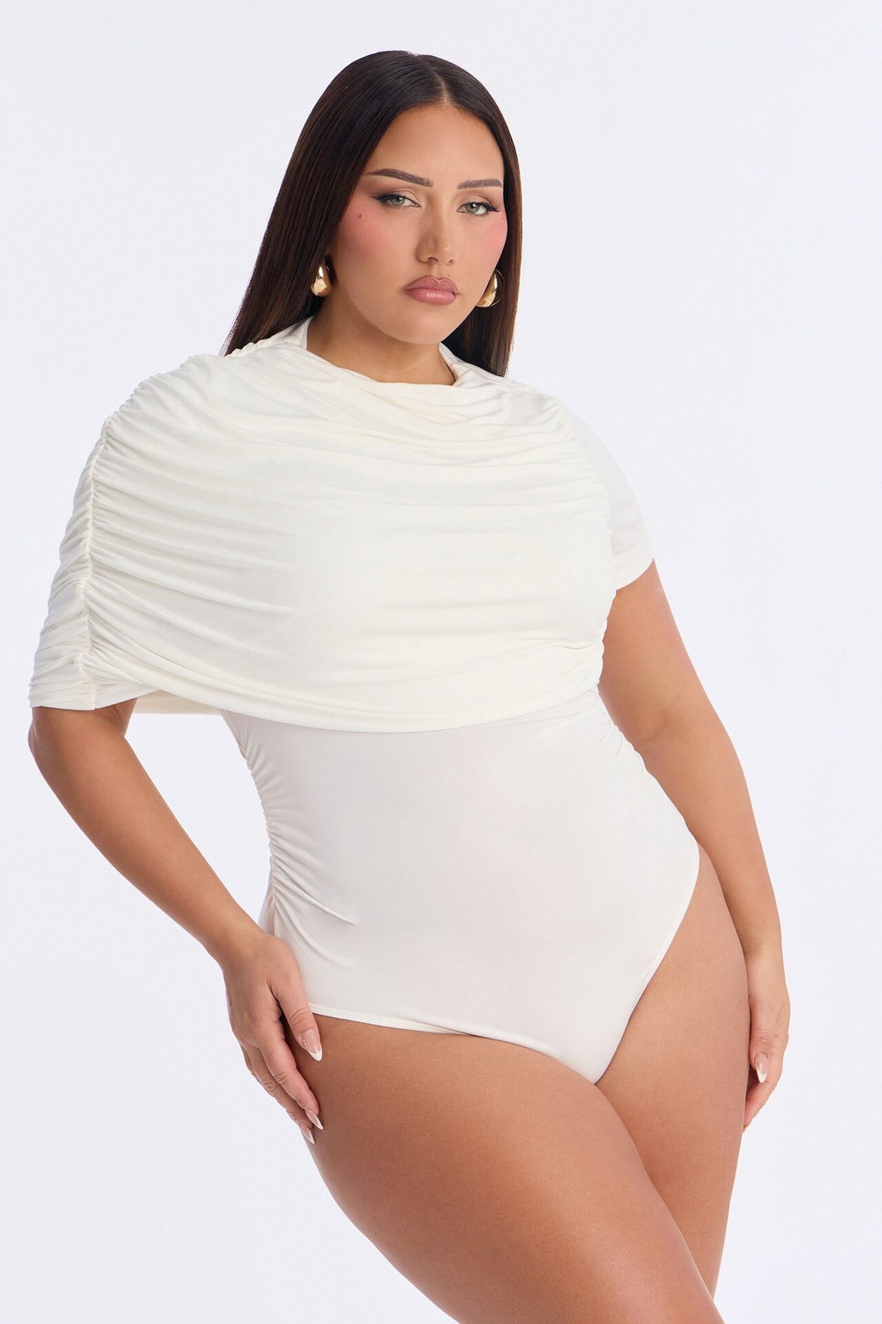 Paige Ruched Mock Neck Short Sleeve Bodysuit - White image 1
