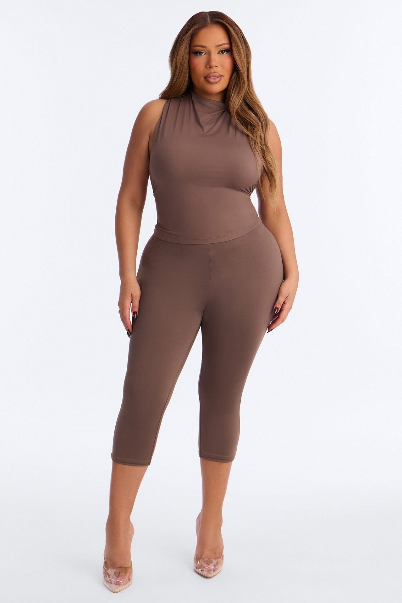 Second Skin Double Lined Mock Neck Racerback Top - Brown image 1