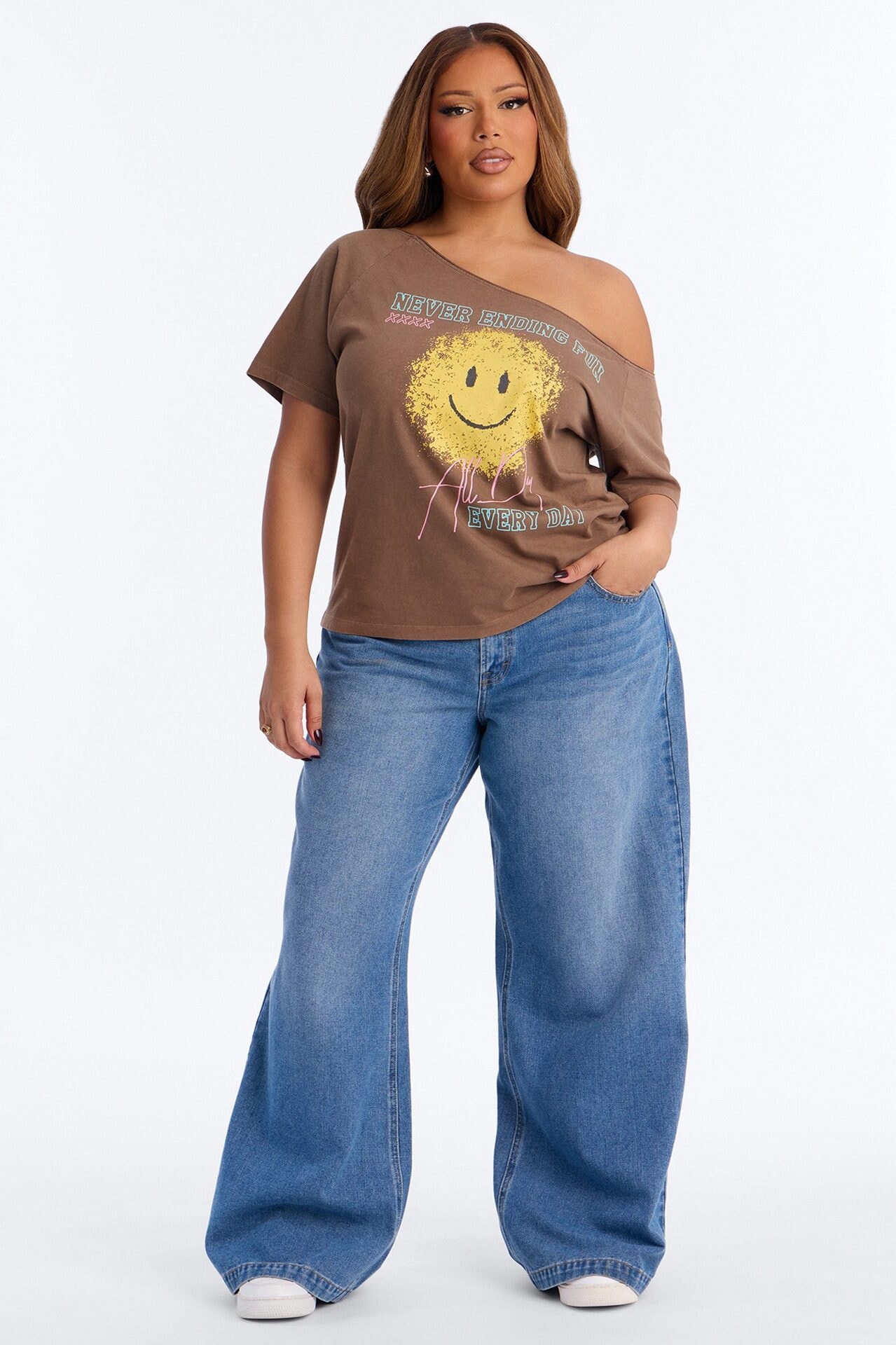 Smiley Face Off Shoulder Tee - Brown image 1
