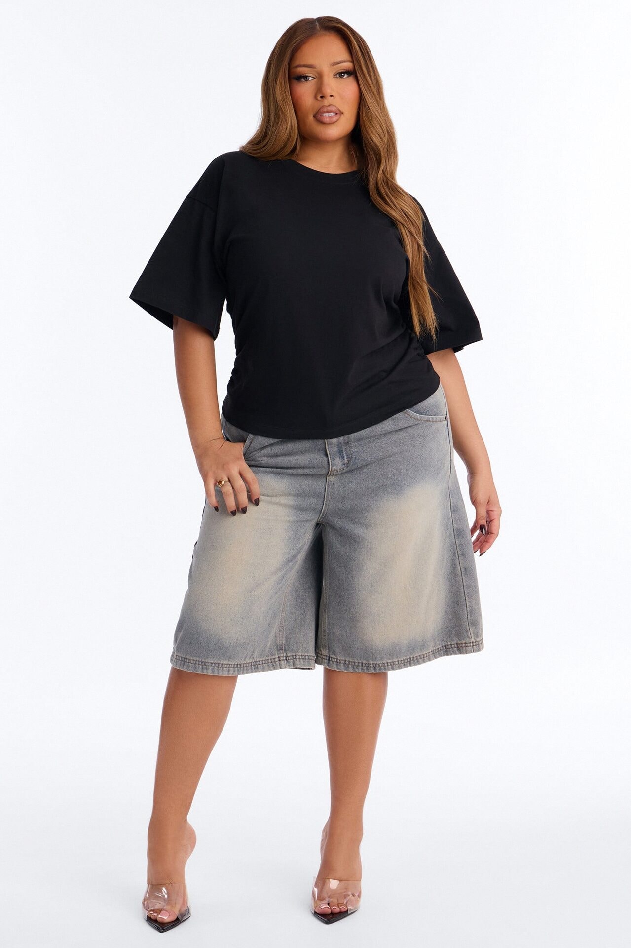 Nora Crew Neck Ruched Short Sleeve T-Shirt - Black image 1