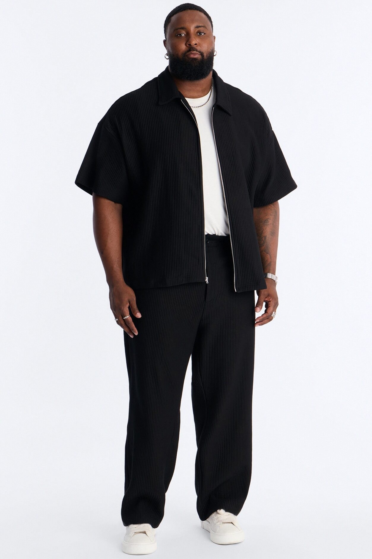 Textured Oversized Fleece Zip Up Shirt - Black image 1