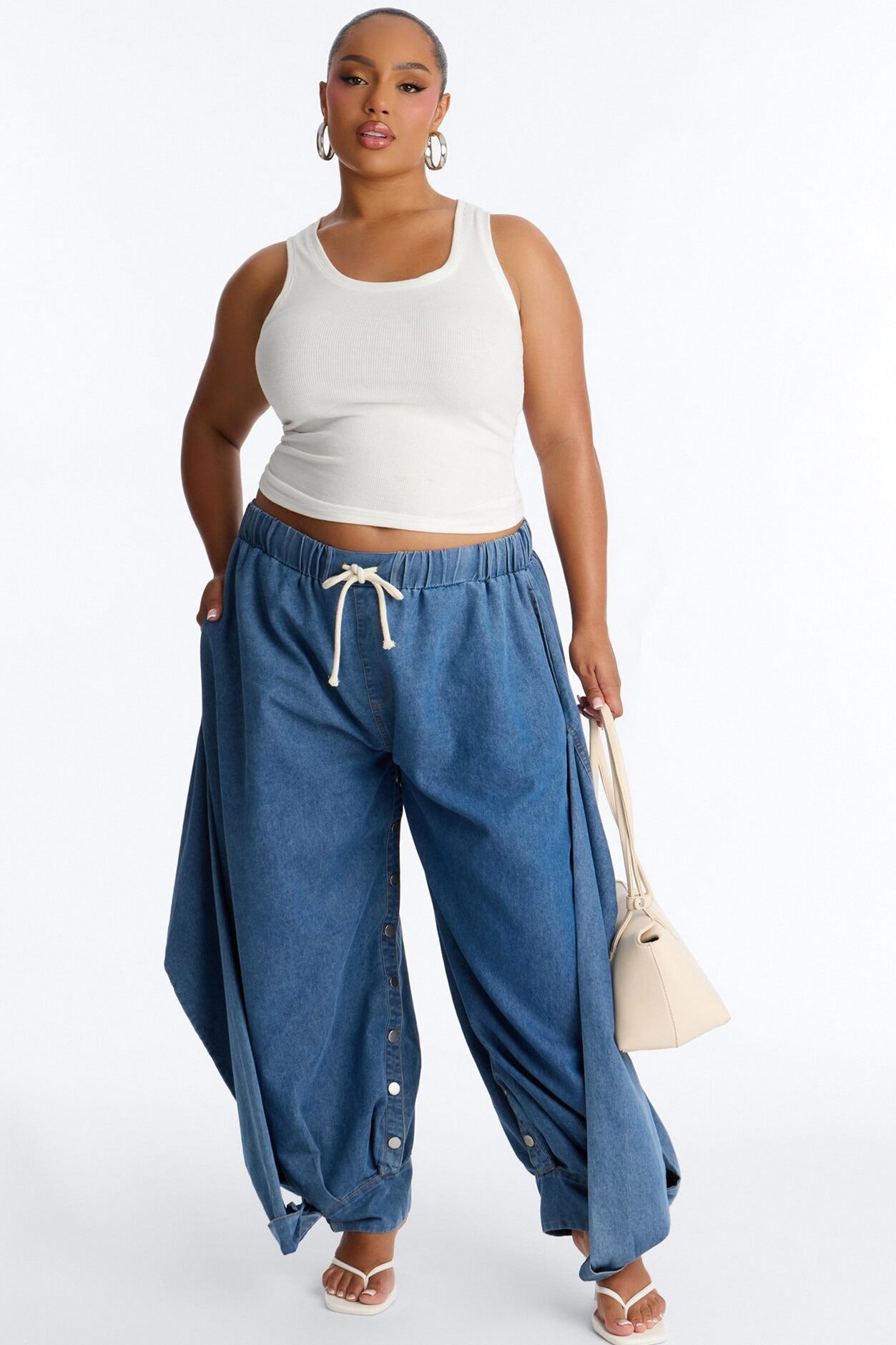 Ivy Tie Waist Balloon Leg Button Seam Pant - Medium Wash image 1