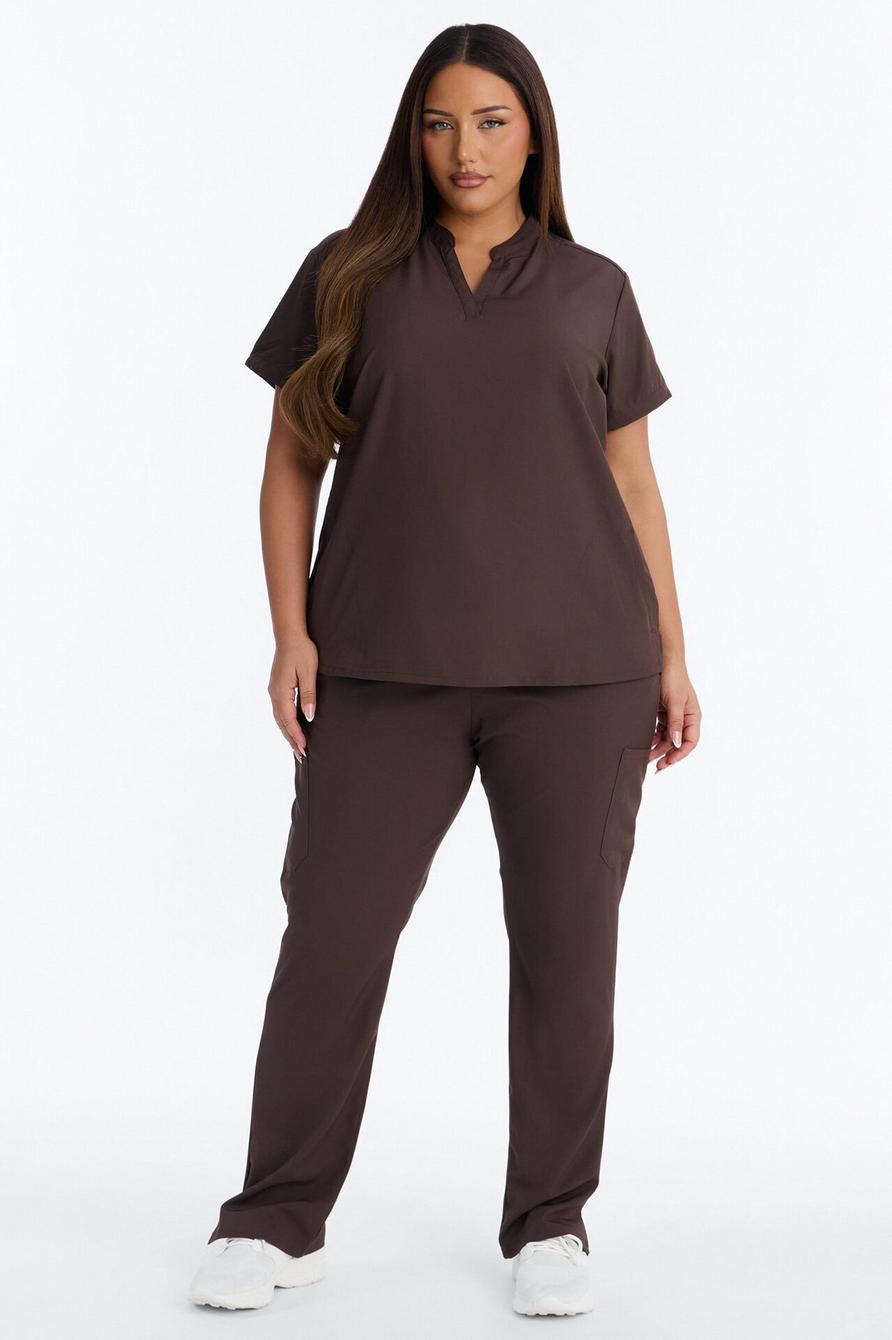 It's Go Time Collared Open Leg Uniform Scrub Set - Chocolate image 1