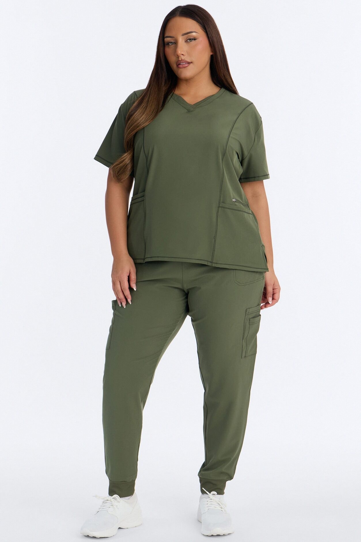 Clinical 4 Way Stretch Pocket Back Knit Jogger Scrub Set - Olive image 1