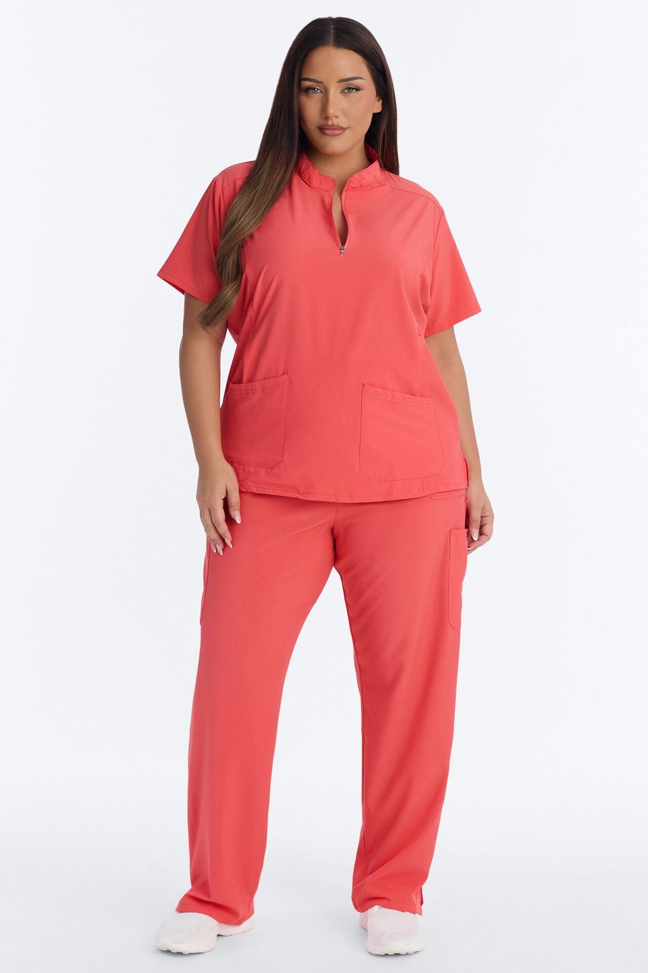 Elite 4 Way Stretch Zip Collar Open Leg Slit Scrub Set - Coral image 1